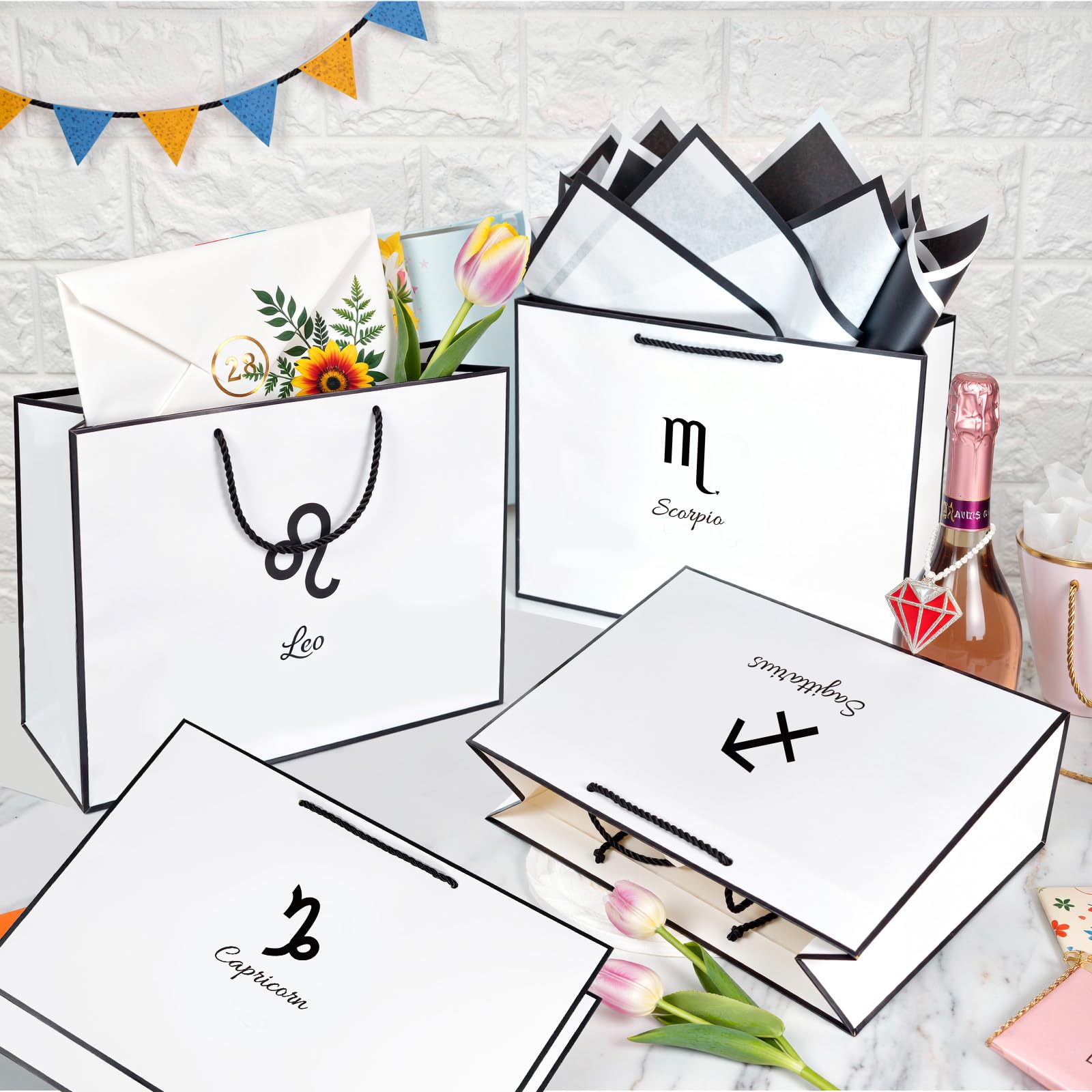 Kecorax Sacchetti regalo con segni zodiacali Capricorno da 34 cm, con biglietti di auguri abbinati, sacchetti regalo con carta velina per compleanni, matrimoni e feste a tema