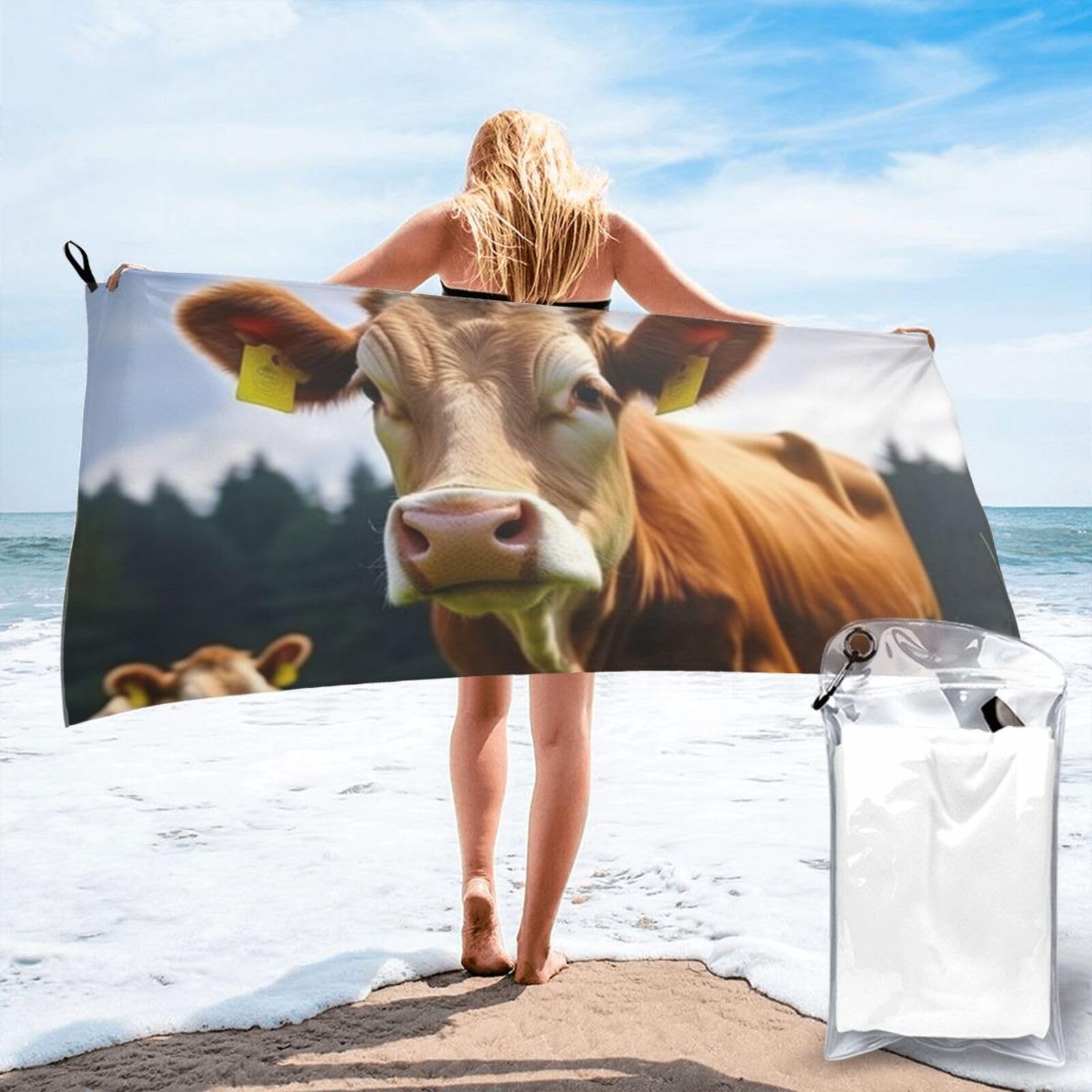 DWVTSLH Microfiber Sand Free Beach Towel 27.5"x55", Quick Dry Absorbent Travel Towel Large Camping Blanket, Animal Brown Cow Bath Towels Lightweight Pool Swim Towels for Vacation Essentials