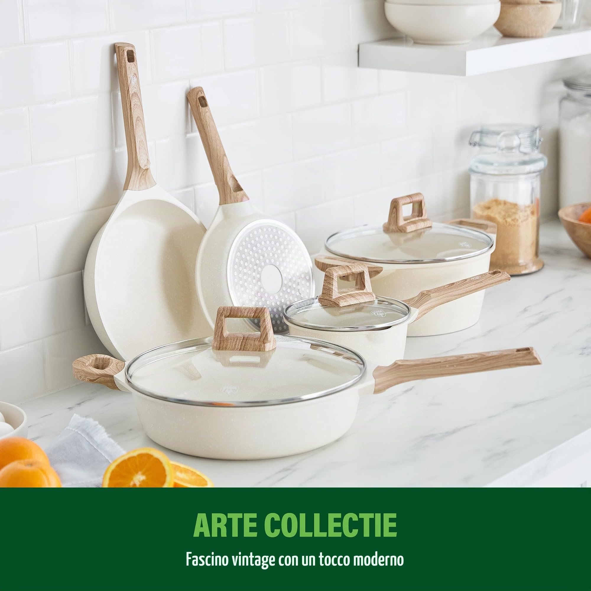 GreenChef Arte - Set di 8 pentole rivestite in ceramica, con manico in legno, colore: bianco crema