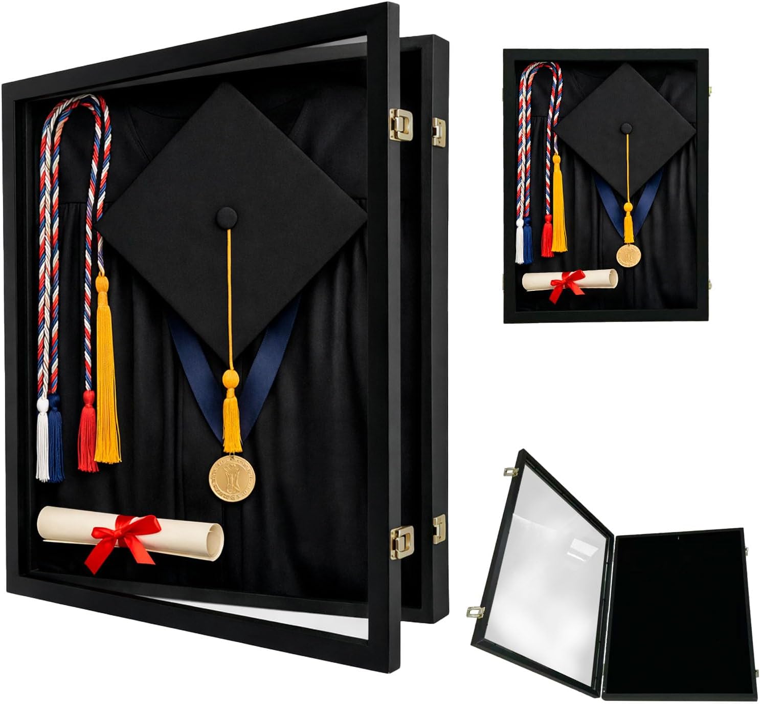 Graduation Shadow Box Frame 23.6x17.7 Inch, Large Memory Display Case for Cap Gown Diploma & Keepsakes, Wood Shadow Box with Glass Door, Lockable Graduation Frame with Pins & Hanging Hardware, Black