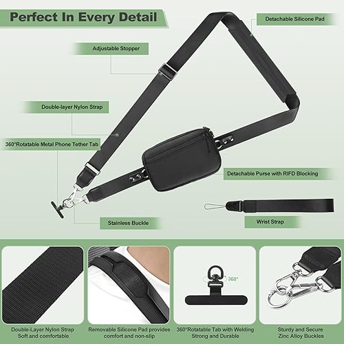 Miniatura 5 de Correa de clip and go para teléfono con cartera cruzada, cordón ajustable para teléfono con cartera RFID desmontable, correa universal para teléfono