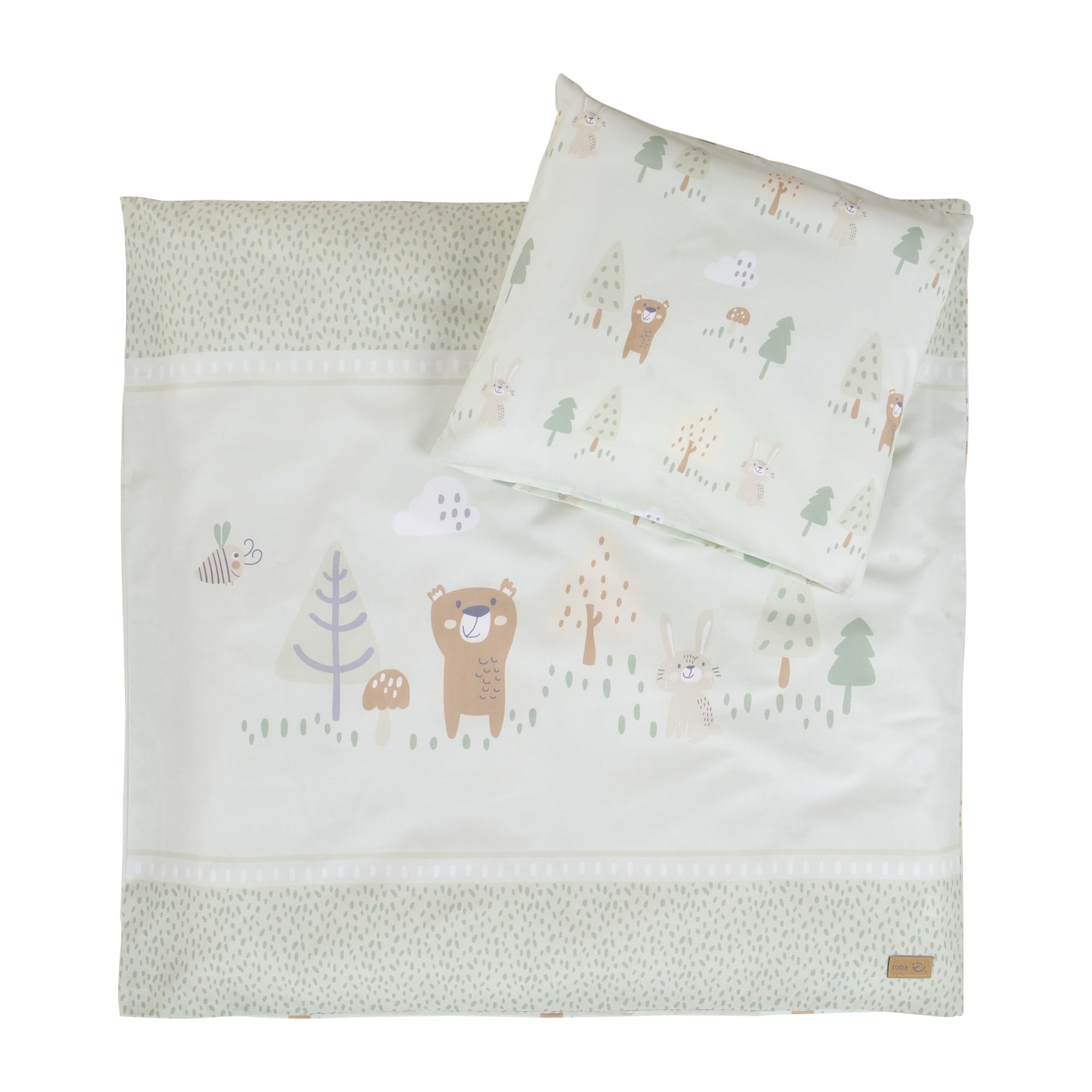 roba Biancheria per Culla Woodland Buddies - Piumino 80 x 80 cm + Federa 35 x 40 cm - Cotone Morbido - Verde Pastello con Orso, Coniglio & Ape