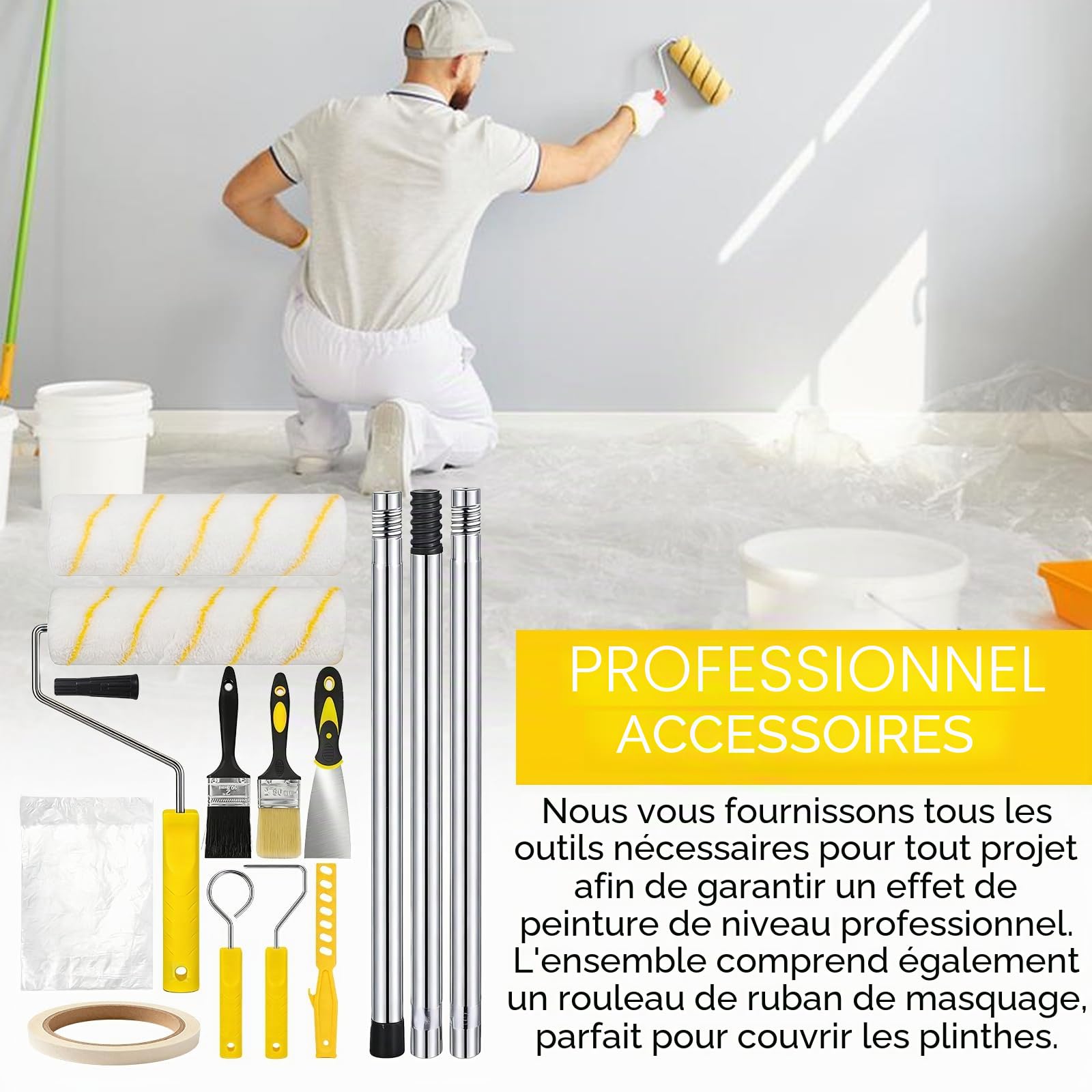 Rouleau Peinture, Rouleau Peinture Mousse Kit De Peinture 20 Pièces Avec Rouleau Long Poil 9", Manche Télescopique, Pinceaux, Bac, Bâche Et Accessoires Pour Murs