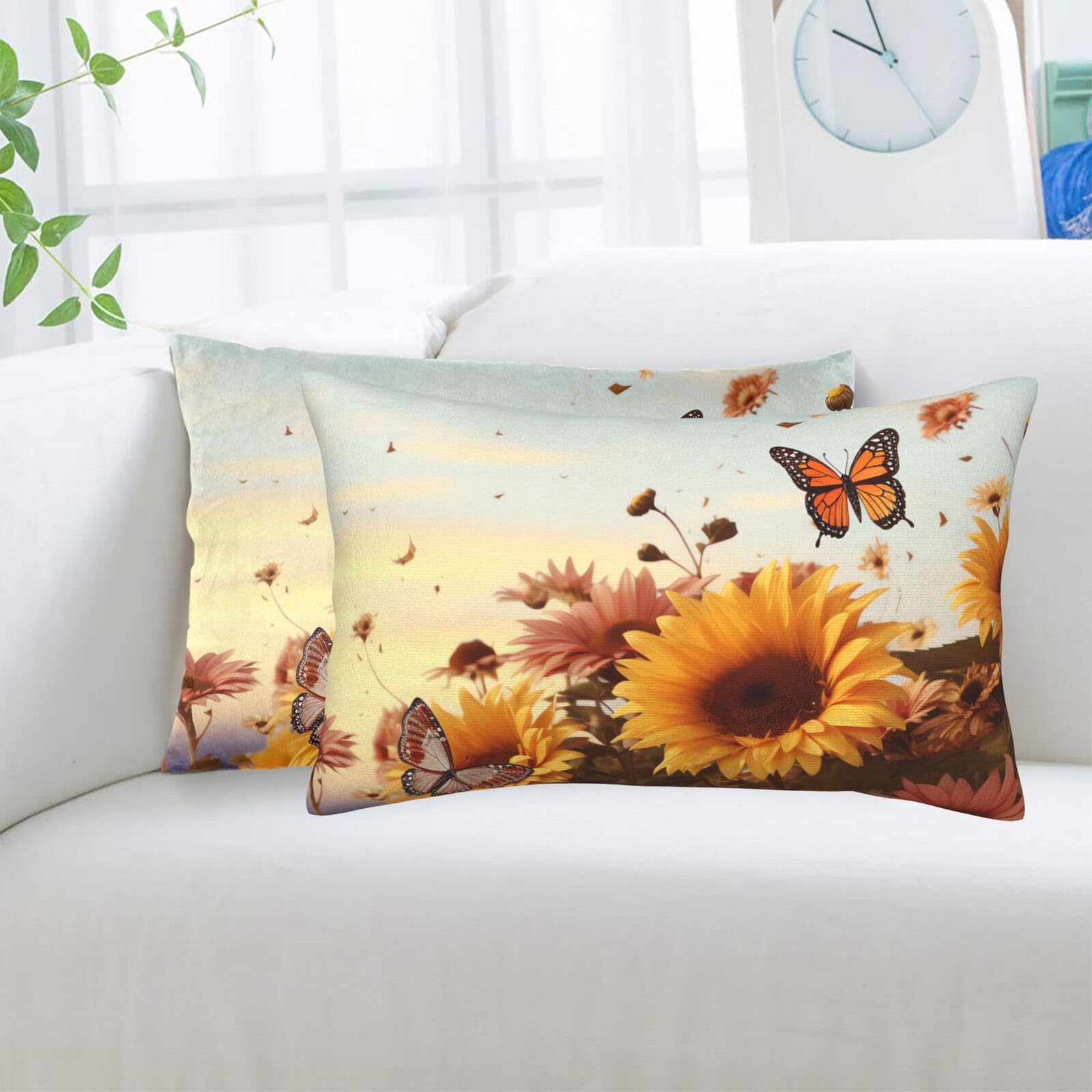 Sunflowers and Butterflies Standard Pillowcases Sets of 2, Ultra Soft Microfiber Plush Pillow Cases 20"X30" Comfort Decorative Throw Pillow Cover with Hidden Zipper for Bedroom, Sofa, Couch