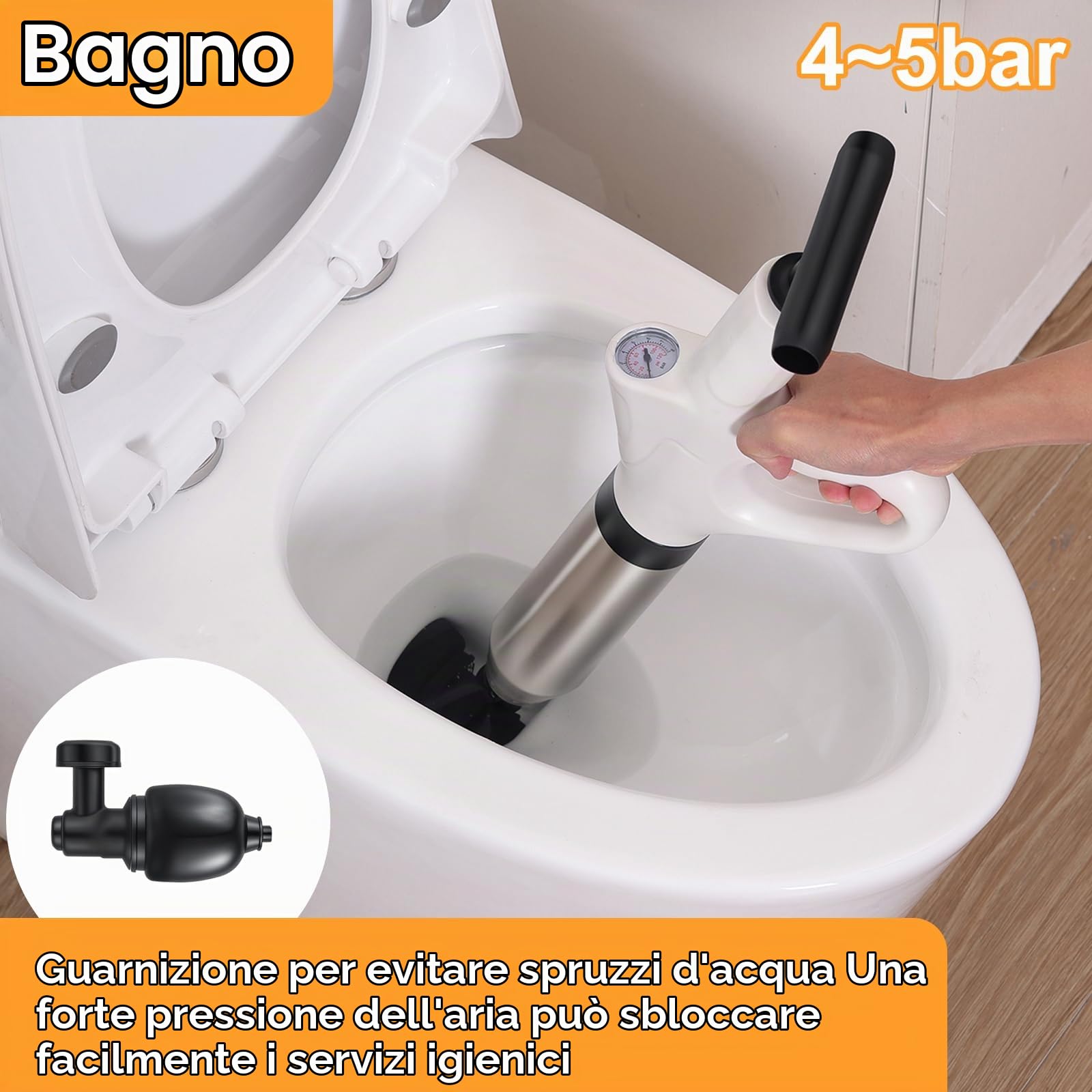 Pompa Stura Scarichi a Pressione, Sturatubi Aria Compressa con Barometro, Sturalavandini a Pressione con Quattro Diverse Ventose per Bagni Servizi Igienici Lavabi