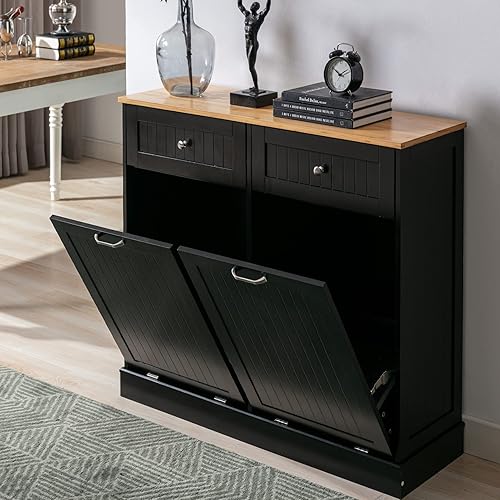 Miniatura 3 de Gitua Gabinete de basura doble inclinable de 20 galones, armario de basura de cocina a prueba de mascotas, cesta de lavandería con tabla de cortar,