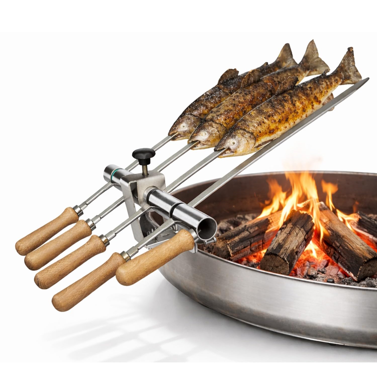 SCHILLING Fischgrilltechnik/Steckerlfisch Halter/Feuerschale/Feuertonne/Edelstahlspieße / 4 Fische