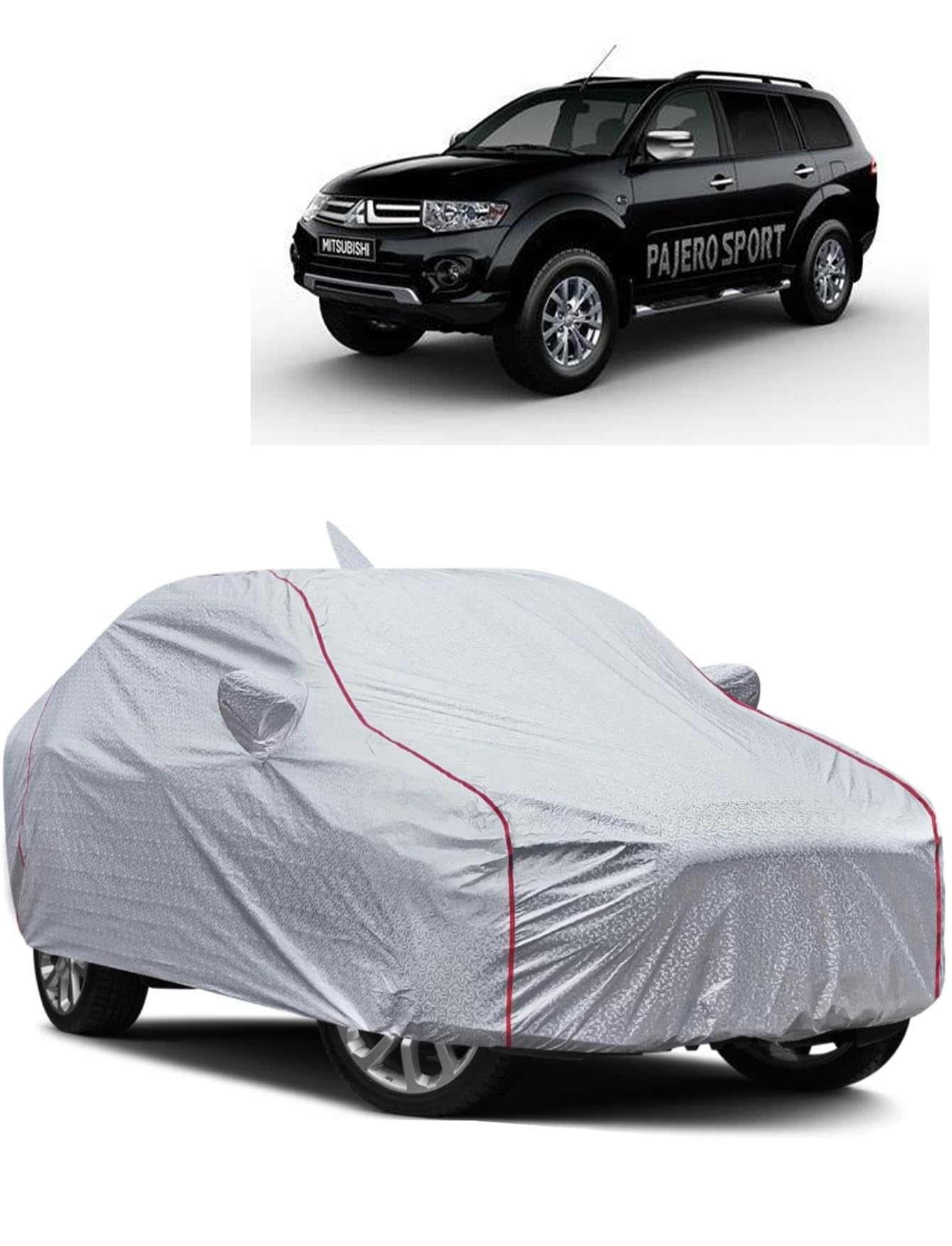 WRAPSTRIC Water-Resistant Car Cover for Mitsubishi Pajero Sport – Dustproof, UV Protection, Scratch Resistance, Secure Buckle Strap, Elastic Front & Rear – Silver