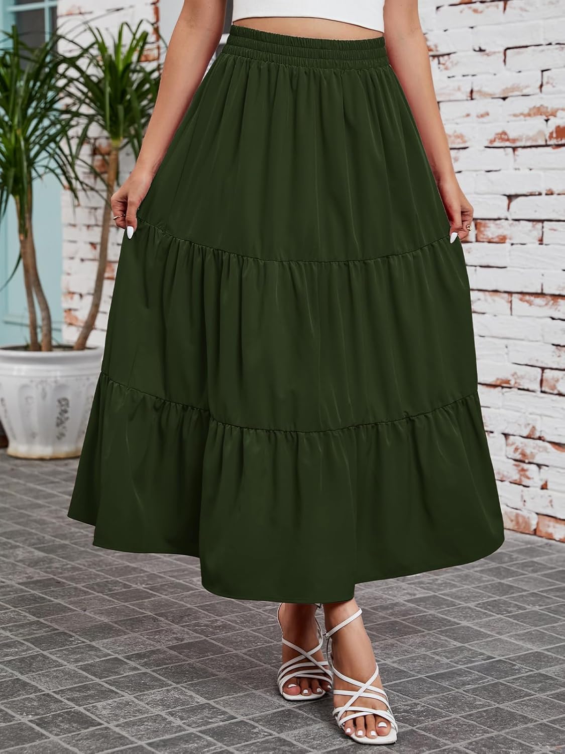 Arolina Maxi Skirt for Women Summer Boho Elastic High Waist Pleated A-Line Flowy Ruffle Swing Tiered Long Beach Skirt Dress - Image 5