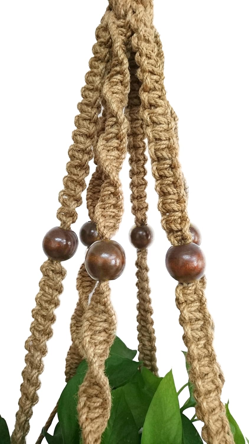 1 PCS 6 Legs Macrame Plant Hanger Jute Double Tiers Plant Hanger & Plant Holder with 6 pcs Round Brown Wood Bead, Hanging Planter 65-inches for 8 inch and 10 Inch Plant Pot (Without Pot)