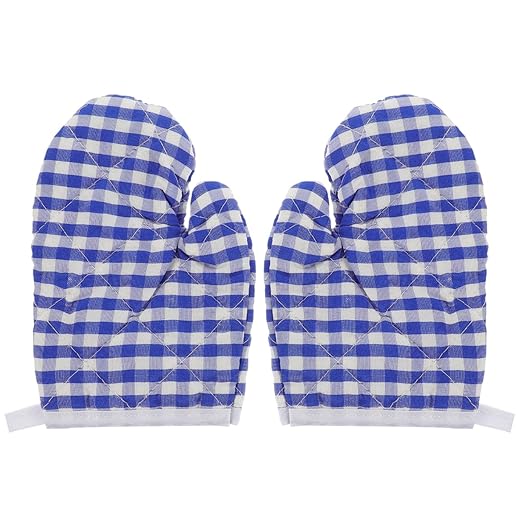 2Pcs Kids Oven Mitts for Children Play Kitchen, Microwave Oven Gloves Kitchen Baking Mitts, Red Checkered Heat Resistant Kitchen Mitts for Safe Backing Cooking BBQ (Sky- Blue Checkered)