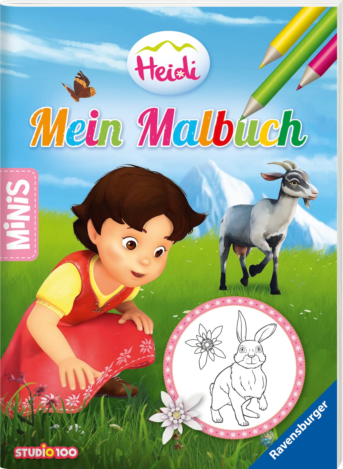 Verkaufs-Kassette "Ravensburger Minis 14 - Heidis Abenteuer in den Bergen": Mein Malbuch / Mein kunterbunter Malspaß / Die Schnitzeljagd / Glöckchen wird geboren