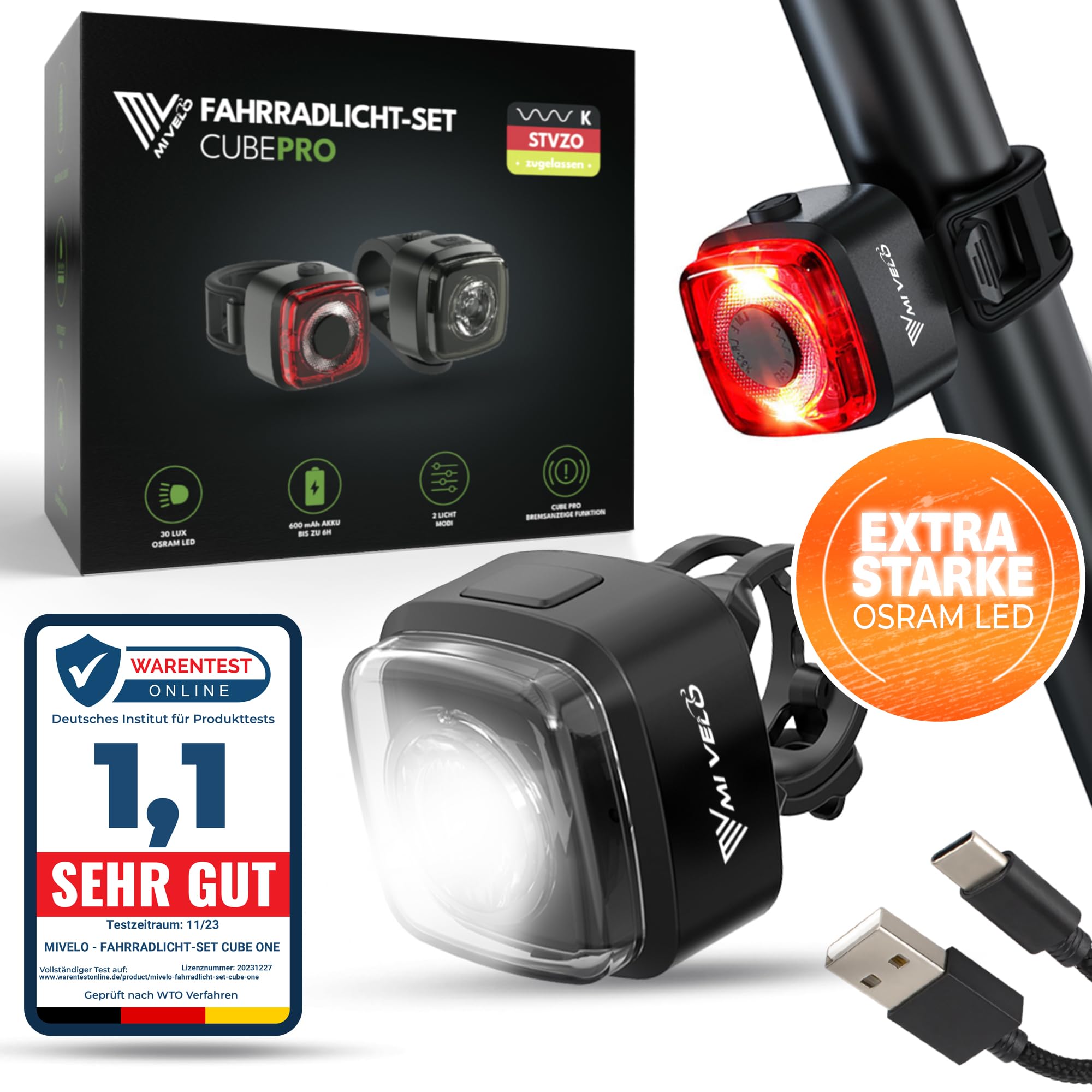 MIVELO Fahrradlicht Set StVZO zugelassen Fahrradbeleuchtung - USB-aufladbar & 100% wasserdicht LED Fahrrad Licht vorne & Fahrrad Rücklicht I Fahrradlampen extra hell