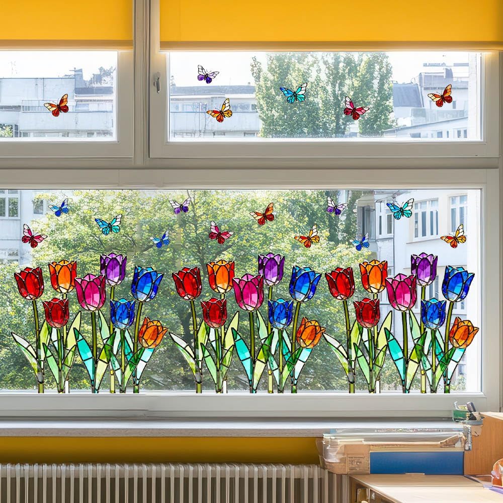3 Sheets Stained Glass Tulip Window Stickers, Floral Electrostatic Clings for Glass Windows, Removable Reusable Home Deco