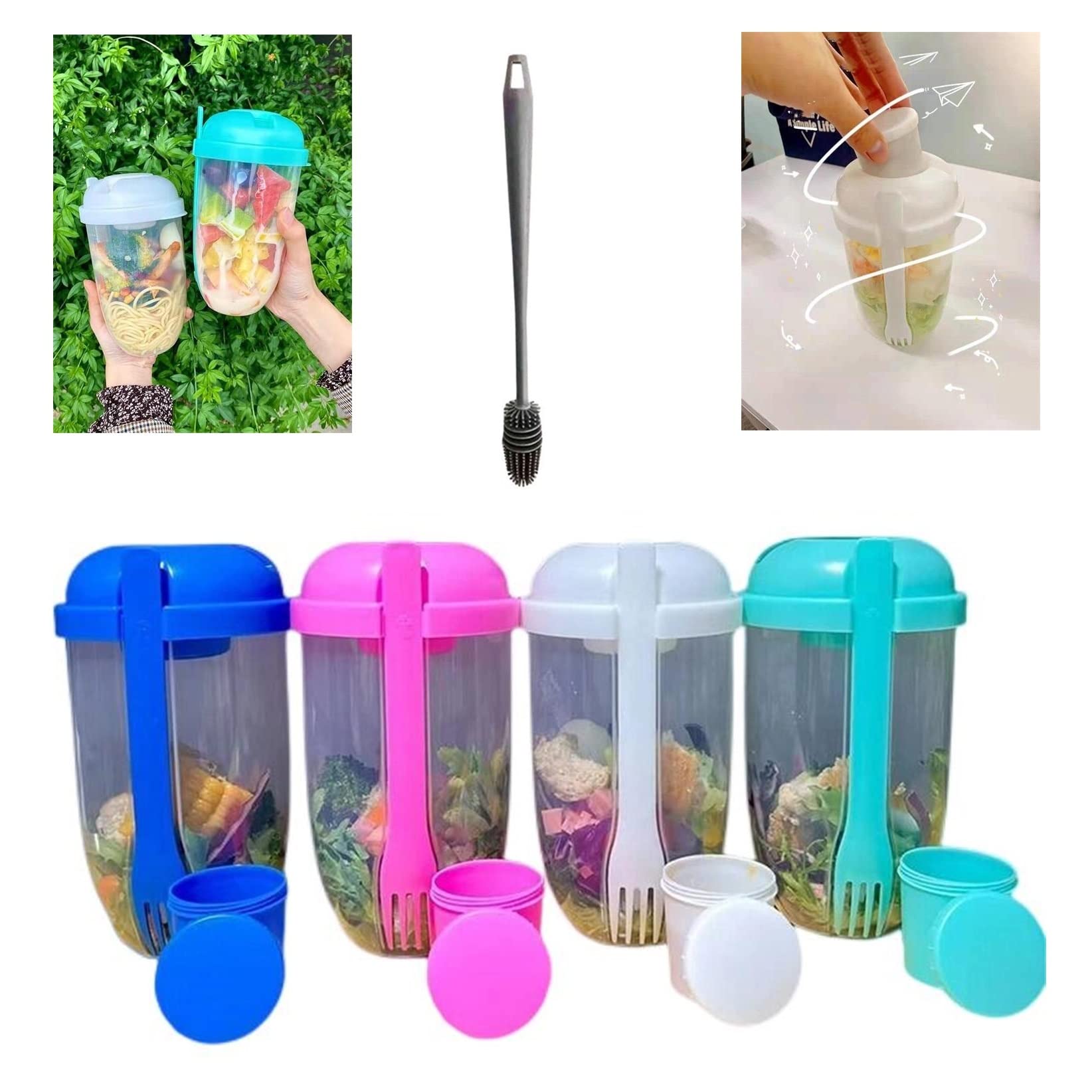 zkosieng 2022 New Keep Fit Salad Meal Shaker Cup with Fork and Dressing Holder, Fresh Washing Brush, Health Container, Portable Vegetable Breakfast to