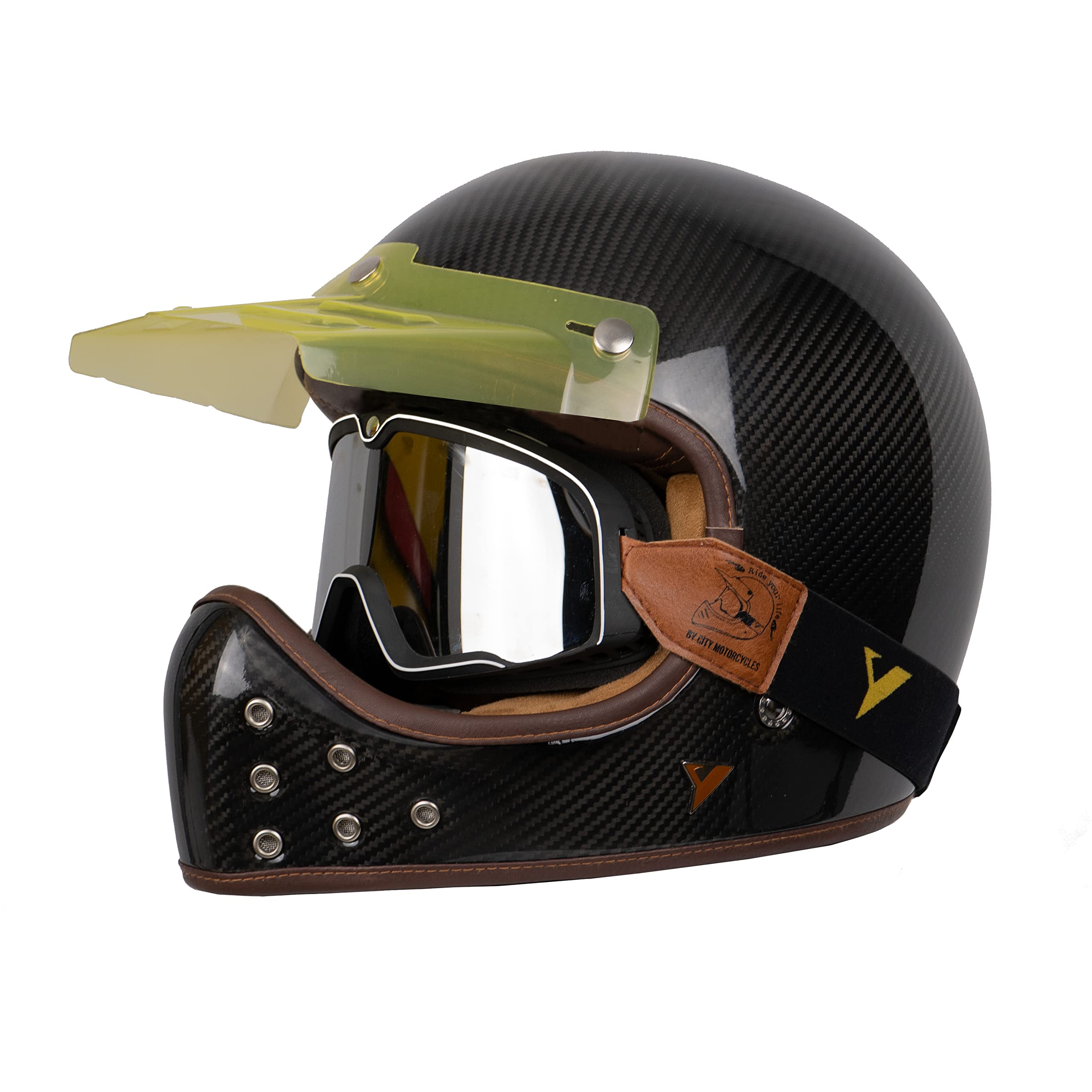 BY CITY | Casco Moto The Rock Carbon Black Unisex | Casco Integral de Fibra de Carbono | Sistema de Fijación de Doble Anilla y Ventilaciones | Interior Desmontable y Lavable | Estilo Clásico o Retro