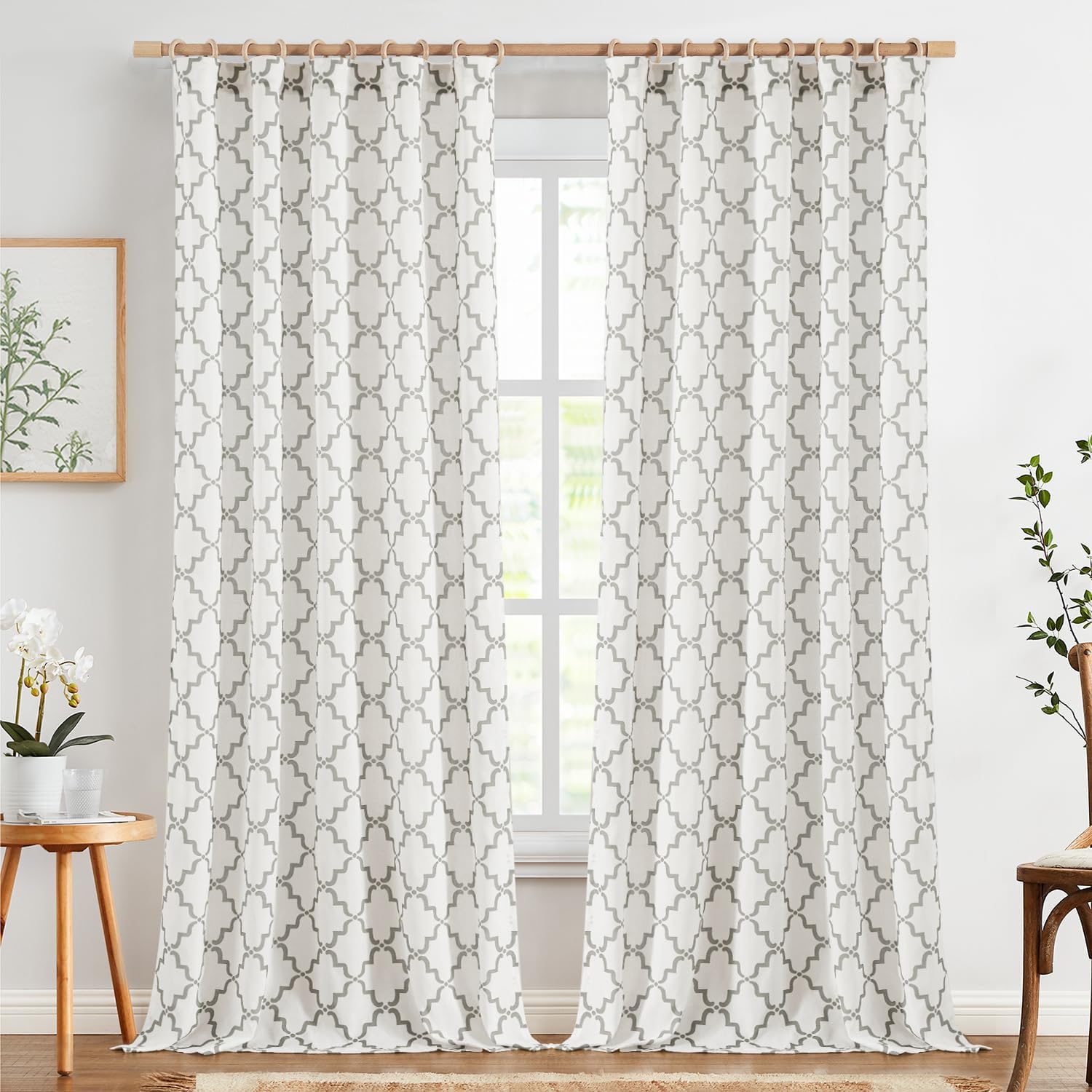 jinchan Linen Curtains Moroccan Trellis Print Grey Curtains 2 Panels Rod Pocket Geometric Lattice Light Filtering Drapes Grey on White, W50 x L96