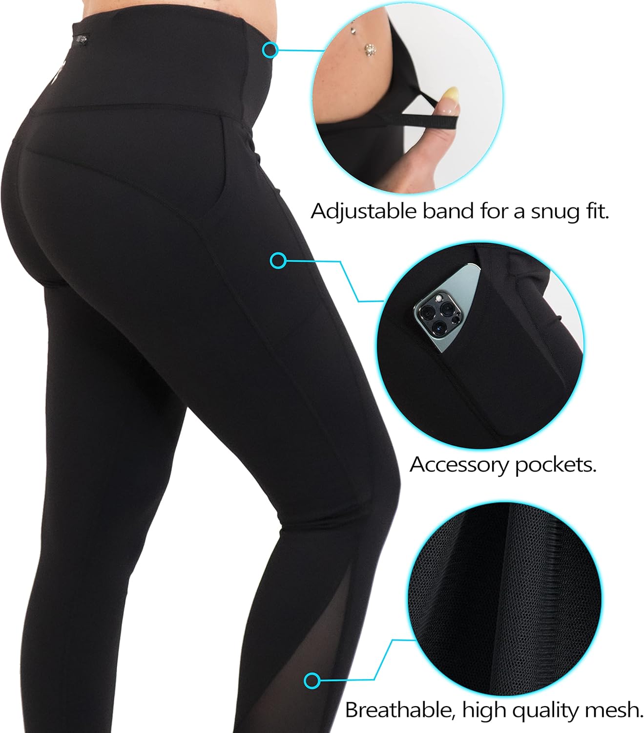 Women's Yoga Pants with Tummy Control, Calf Mesh, 2 Side and 1 Back Zipper Pocket, and Drawstring