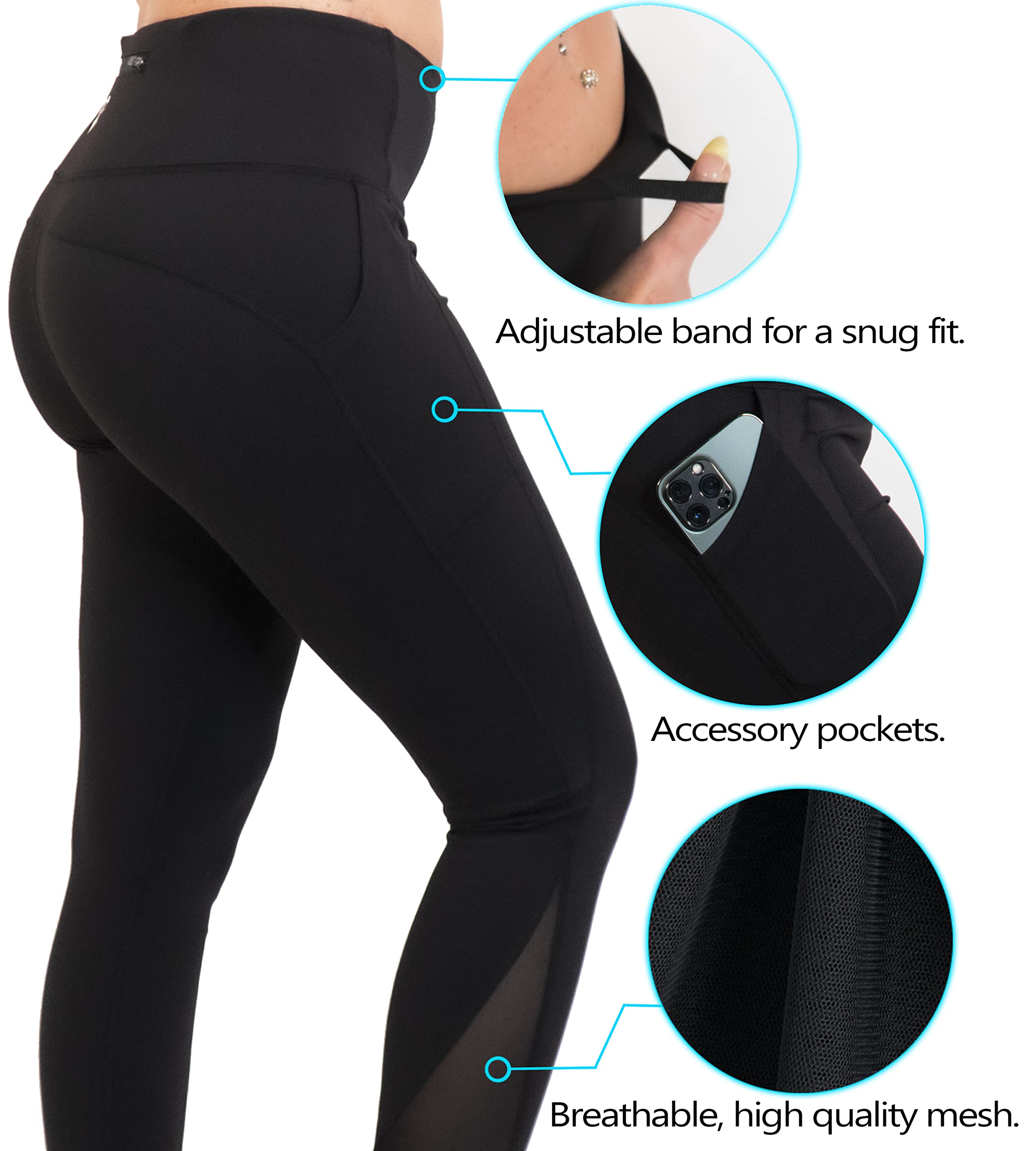 Pantalones de yoga para mujer con control de abdomen, malla de pantorrilla, 2 bolsillos laterales y 1 trasero con cremallera y cordón