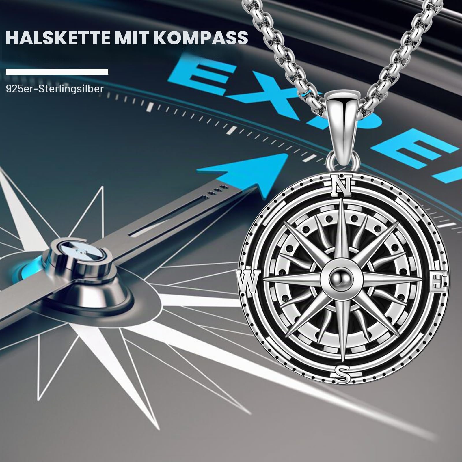 Kompass Halskette 925 Sterling Silber für Damen und Herren