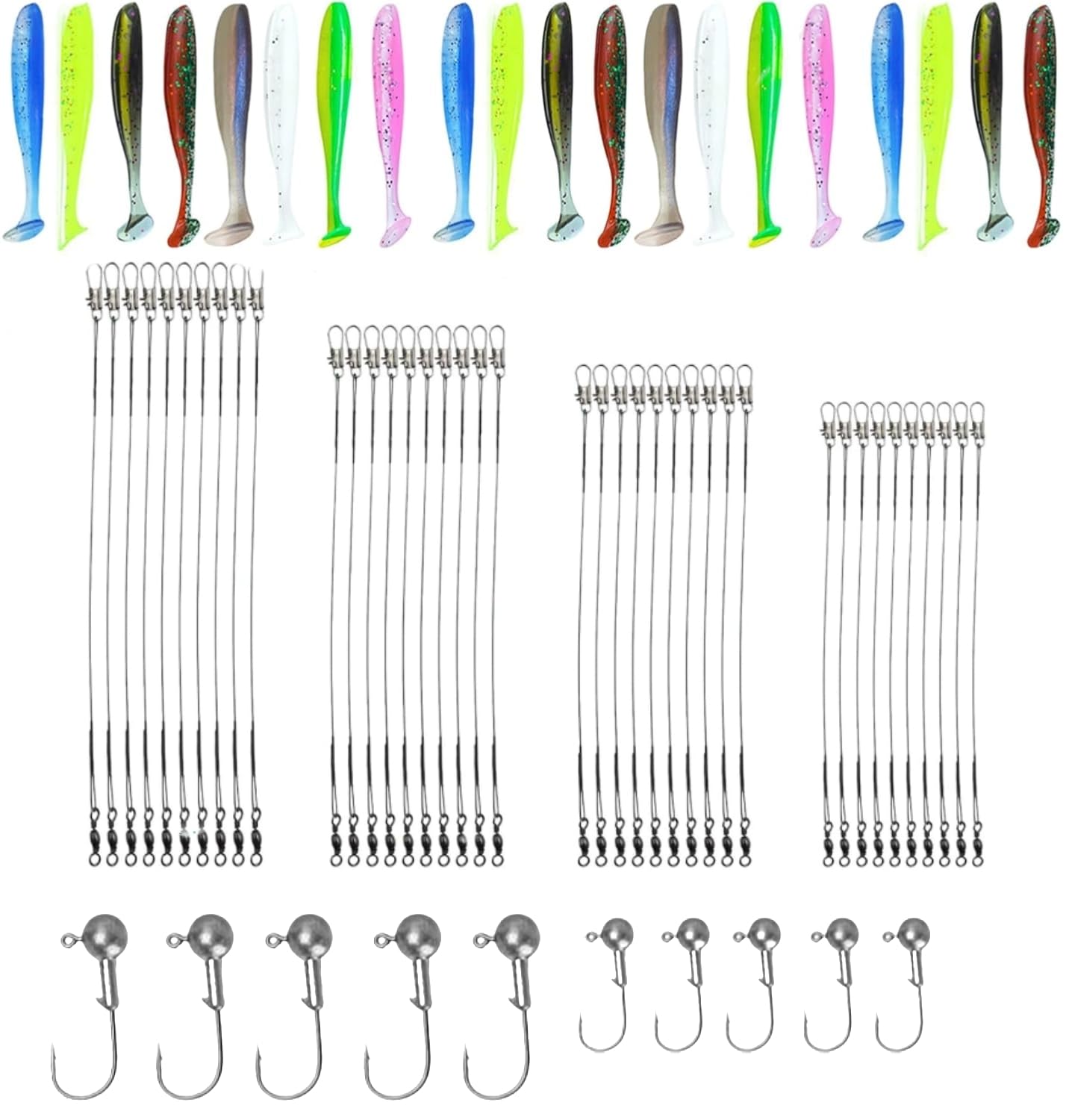 70 accesorios de pesca, 10 conjuntos de atractivos de goma, 40 piezas de fondo de línea de acero, 20 cabezales de plomada de material de pesca, señuelos flexibles de pesca para peces de agua dulce y