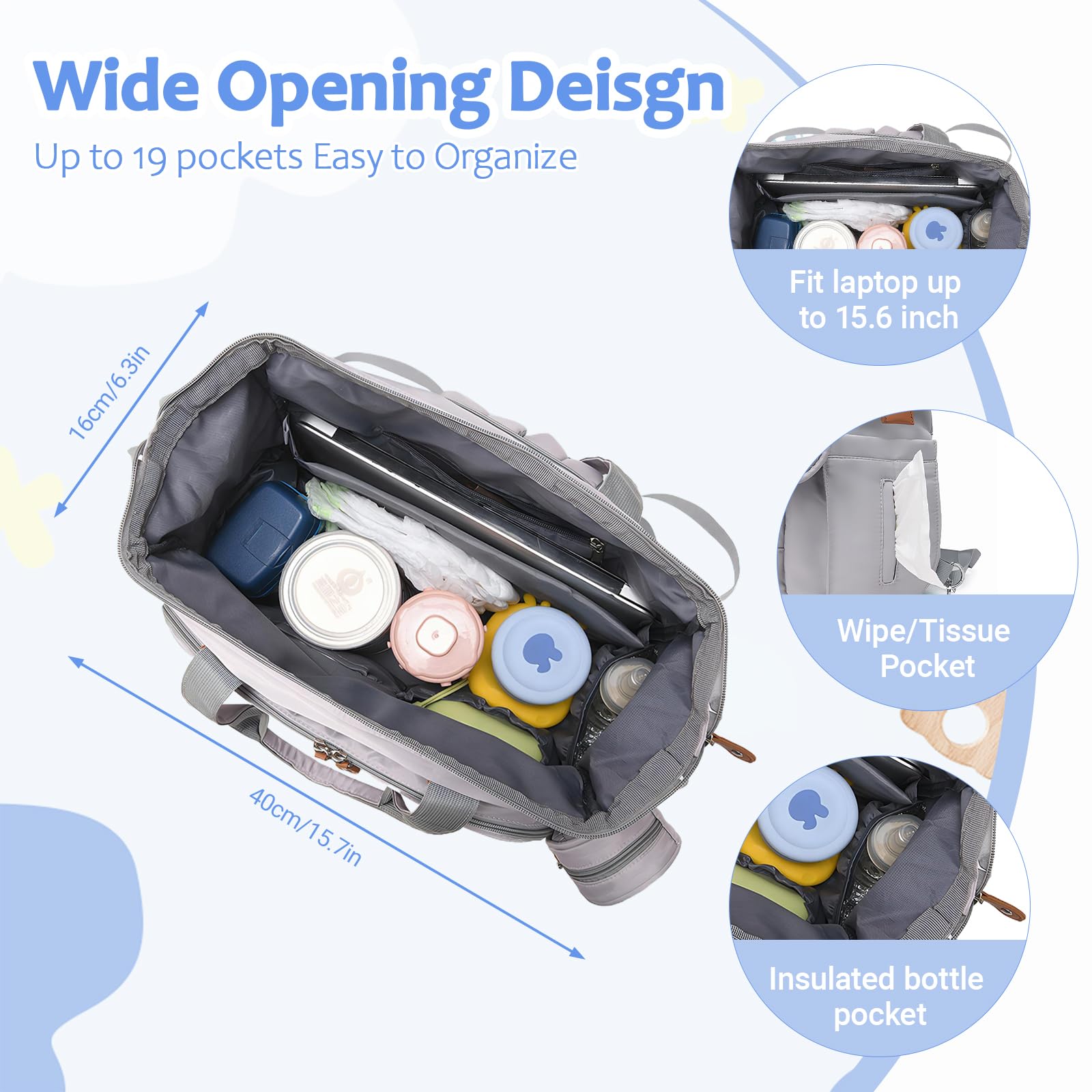 Baby Changing Bag Large Waterproof Nappy Bags for Pram with Portable Nappy Changing Mat Bottles Pacifier Bag An Adjustable Strap for Mom and Dad Walk Travel Shopping(Grey) - Image 2