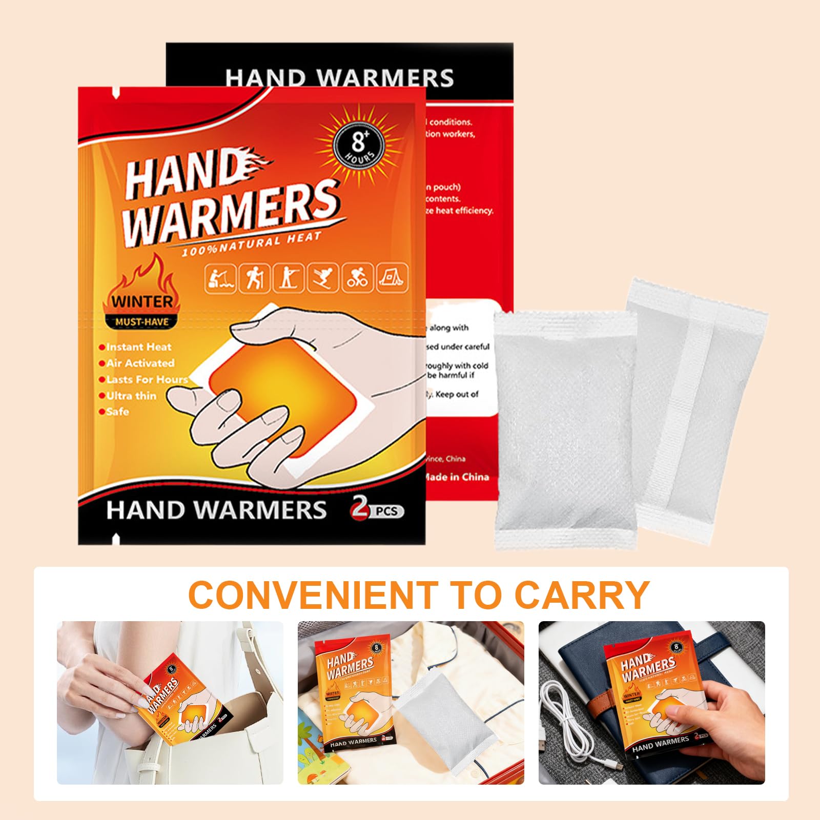 Gel de Manos Desechable - Calor de 6 a 8 Horas, Calienta Bolsillos Activado por Aire, Parche Térmico Autoqueciante para Clima Frío, Esquiar, Patinar, Senderismo, Calentador Rápido y Duradero