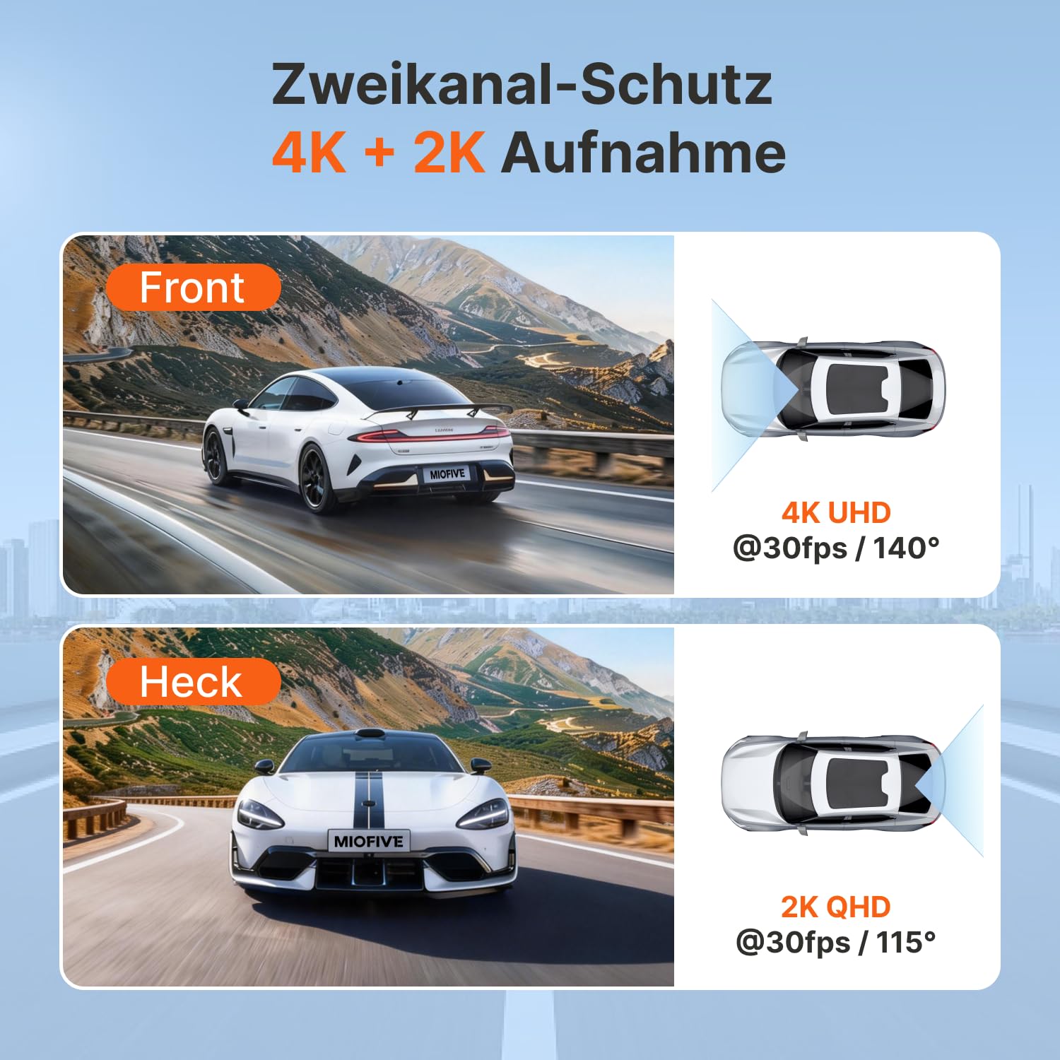 Miofive Dashcam für Front- und Rückkamera 4K/2K, GPS, WiFi, Bluetooth, 3-Zoll-IPS-Display, Nachtsicht, Loop-Aufnahme, HDR, App-Steuerung und unterstützt bis zu 512 GB mit einer kostenlosen 32-GB-Karte