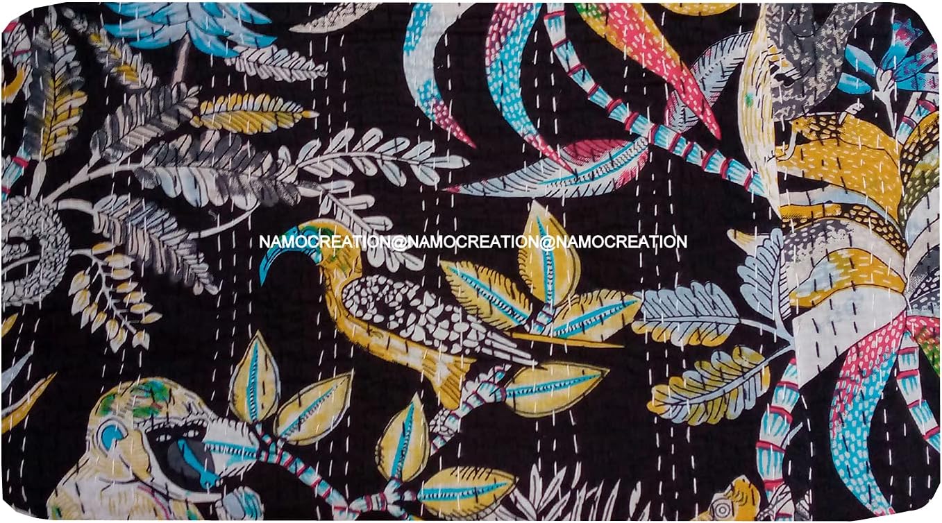 Monkey Animal Print Kantha Hippie Handmade Quilt Handblock Sofa Cover Bohemian Bedspread Reversible Throw Blanket with 2 Pillow California King/Queen/Twin (60X90 Inches)