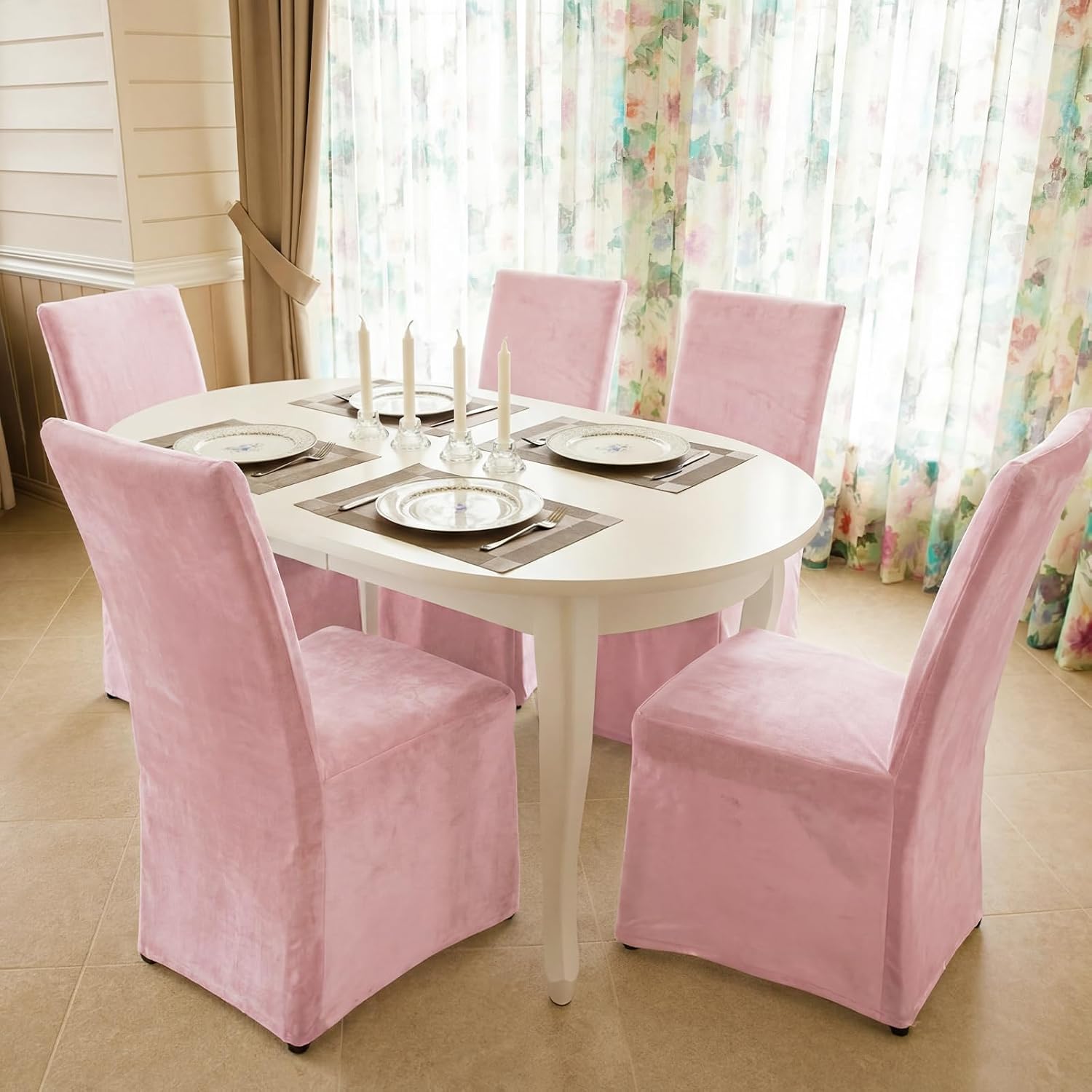 Moukeren Set of 4 Velvet Stretch Chair Covers Stretch Slipcovers Fur Chairs Cover Soft Removable Long Solid Slipcover for Wedding Dining Room(Pink)