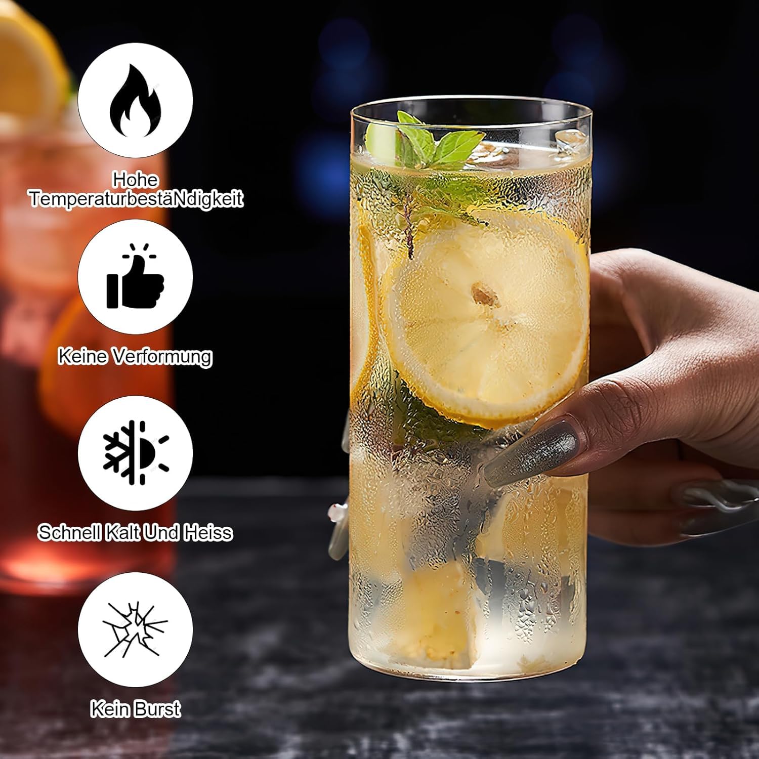Set di 4 bicchieri trasparenti da 400 ml, bicchieri da acqua e long drink, sottili, rotondi, eleganti bicchieri da bar per acqua, succo, birra, bevande e cocktail, mojito e bevande miste (vetro