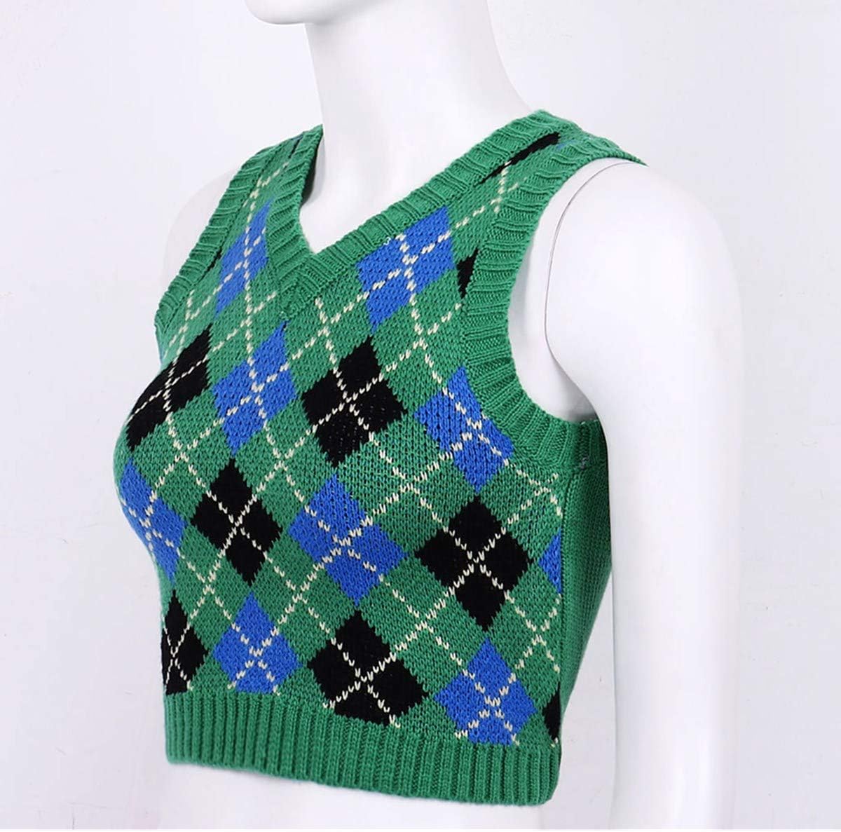 Women's Y2K Argyle Plaid Knitted Sweater Vest V Neck 90s E-Girls Preppy England Style Knitwear Tank Tops