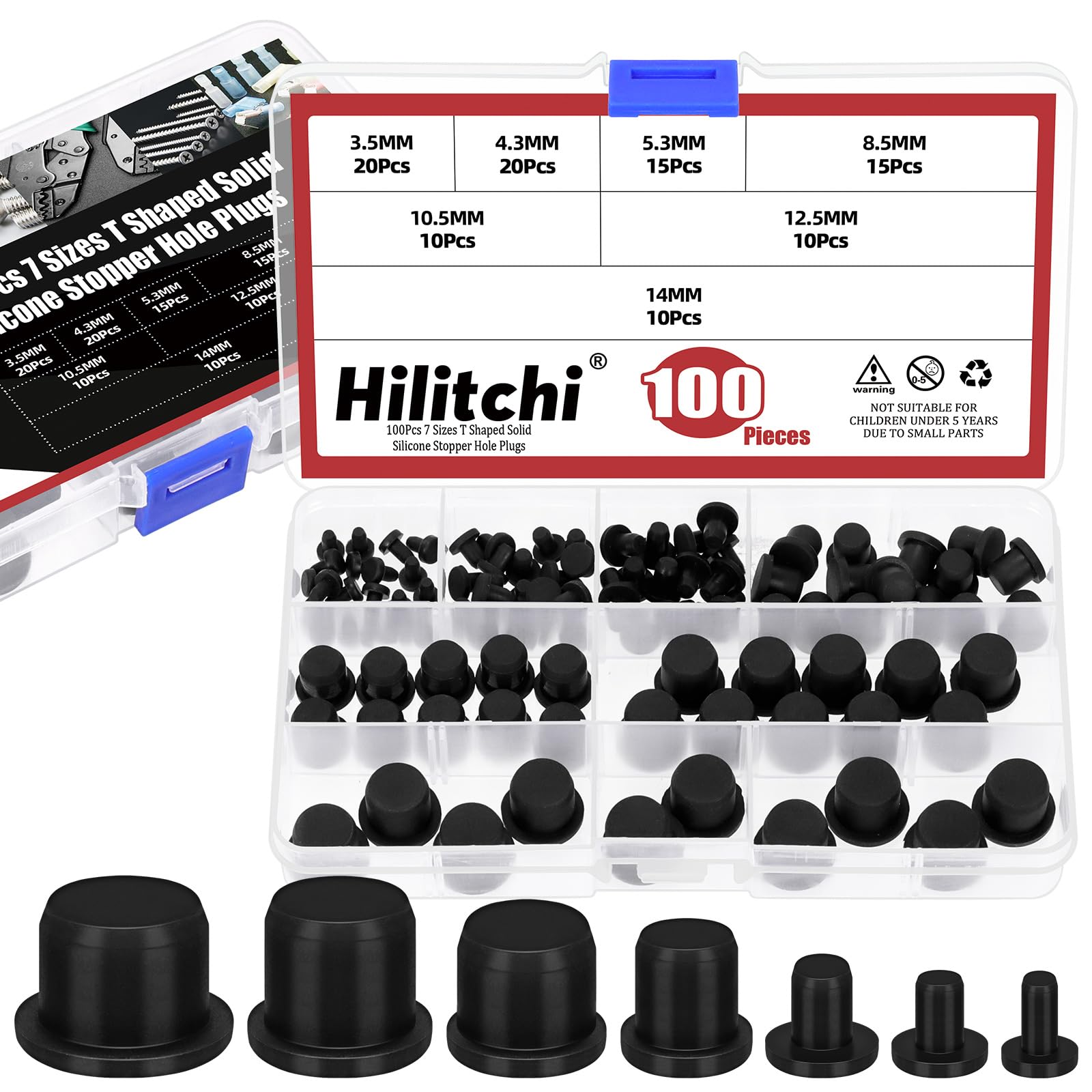 Hilitchi 100Pcs 7Sizes Solid Silicone Stopper Hole Plugs Assortment Kits 3.5MM 4.3MM 5.3MM 8.5MM 10.5MM 12.5MM 14MM High Temp Silicone Plug for Powder Coating Plating Waterproof Plugs(Black)