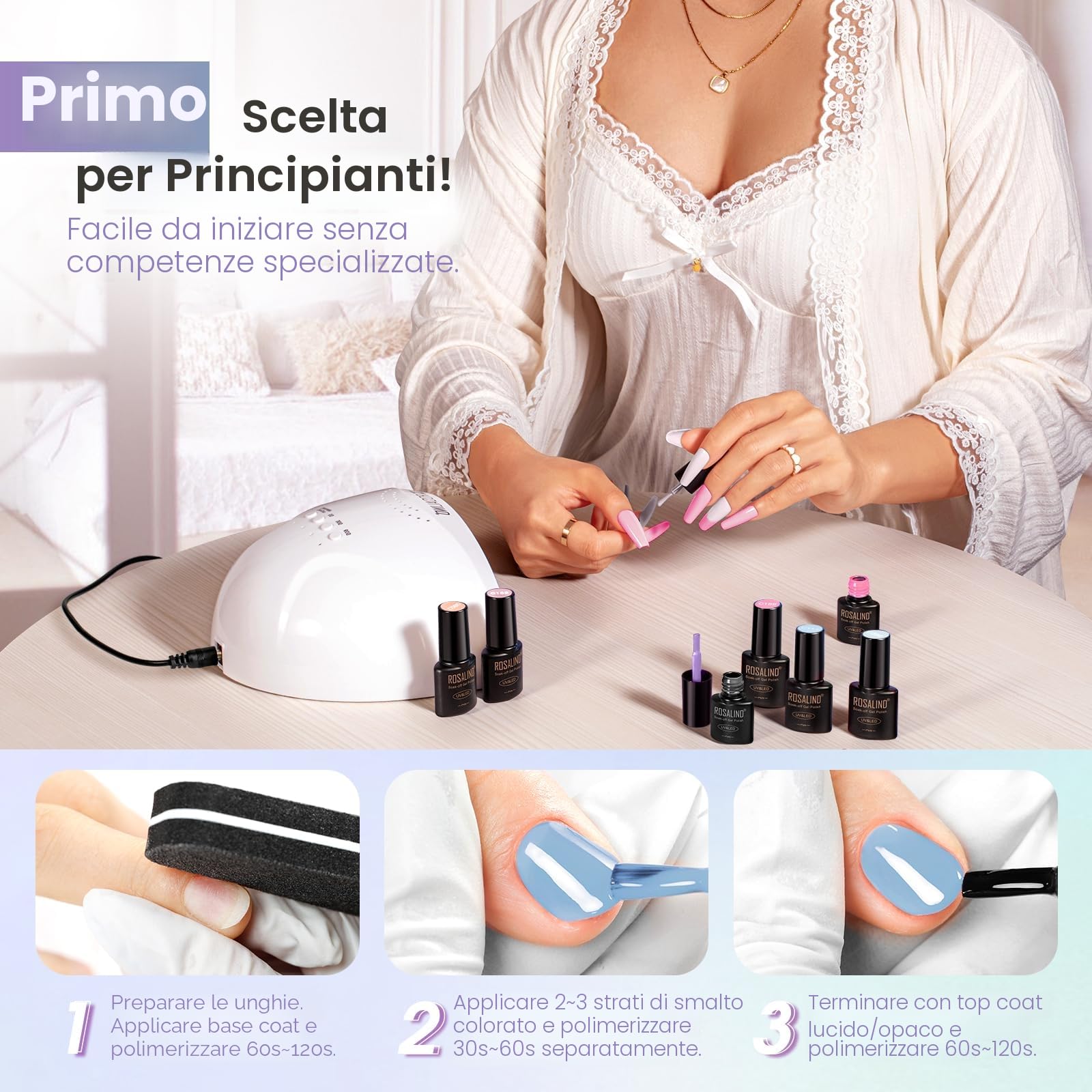 ROSALIND Kit Semipermanente Unghie, 20+4 Pezzi Kit Unghie Gel Completo con 48W UV LED Lampada Fresa per Unghie, Kit Smalto Semipermanente Completo Bianco Nero Viola Rosso Blu Verde Colori Regalo