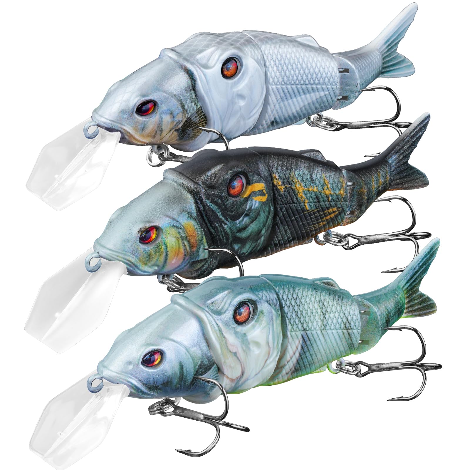 3PCS Lifelike Multi-Jointed Swimbait, Bass Fishing Lure for Freshwater and Saltwater, Slow Sinking, Mustad Hook, Angler's Gift, for Pike Largemouth Bass, 1/2oz, 3/4oz and 1 1/4oz