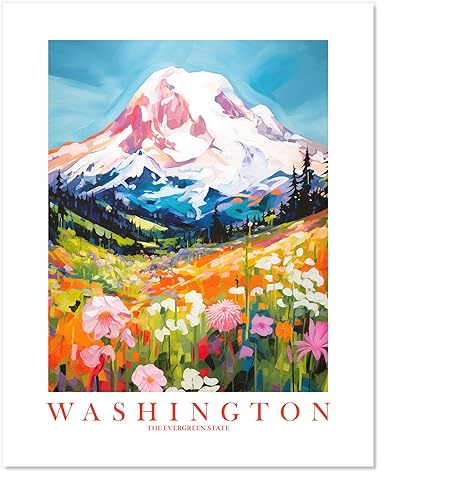 ColorAndFlair Washington Travel Print Evergreen State Souvenir - Póster retro de paisaje de montañas (8 x 10 pulgadas)