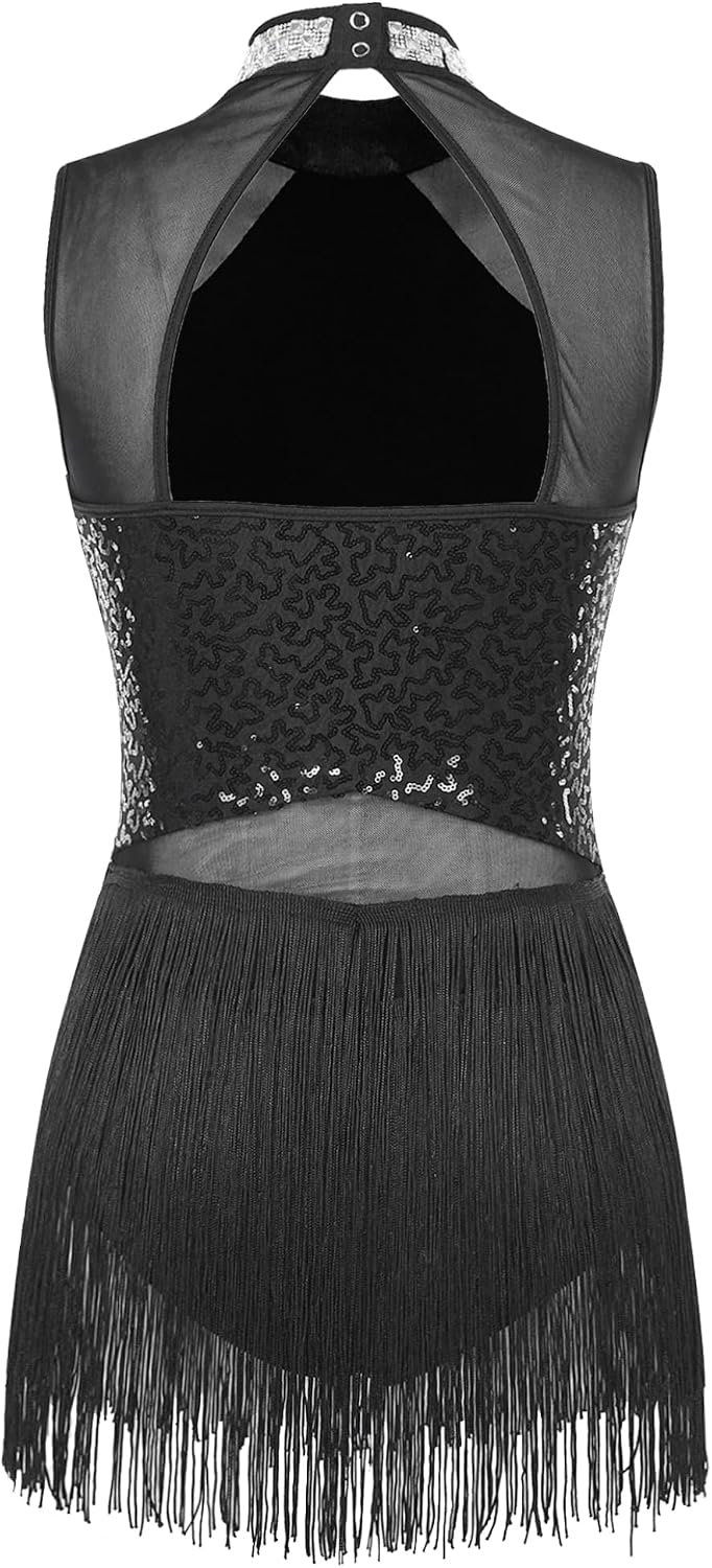Womens Mesh Splice Sequin Leotard with Fringe for Latin Dance Gymnastics Performance Bodysuit
