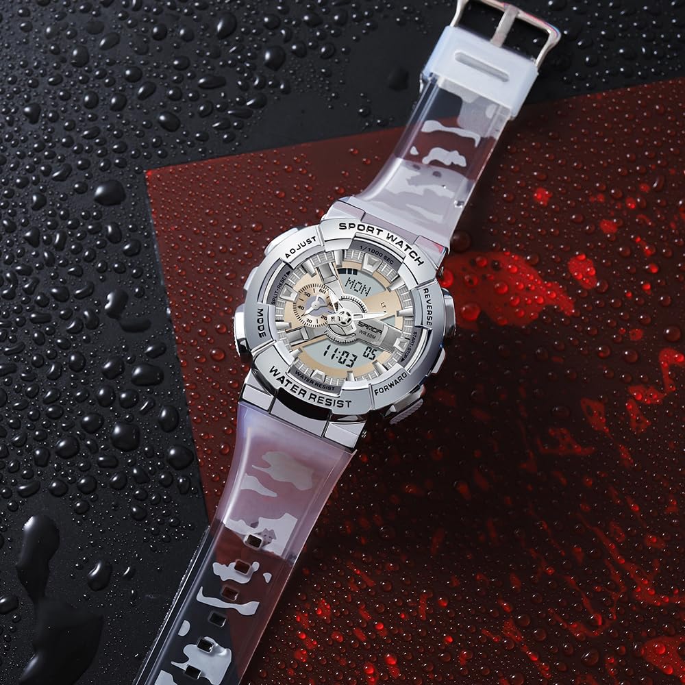 MASTOP Montre pour homme couleur arc-en-ciel analogique numérique étanche 5 ATM, contraste élevé, noir brillant, montre militaire d'extérieur rétroéclairée