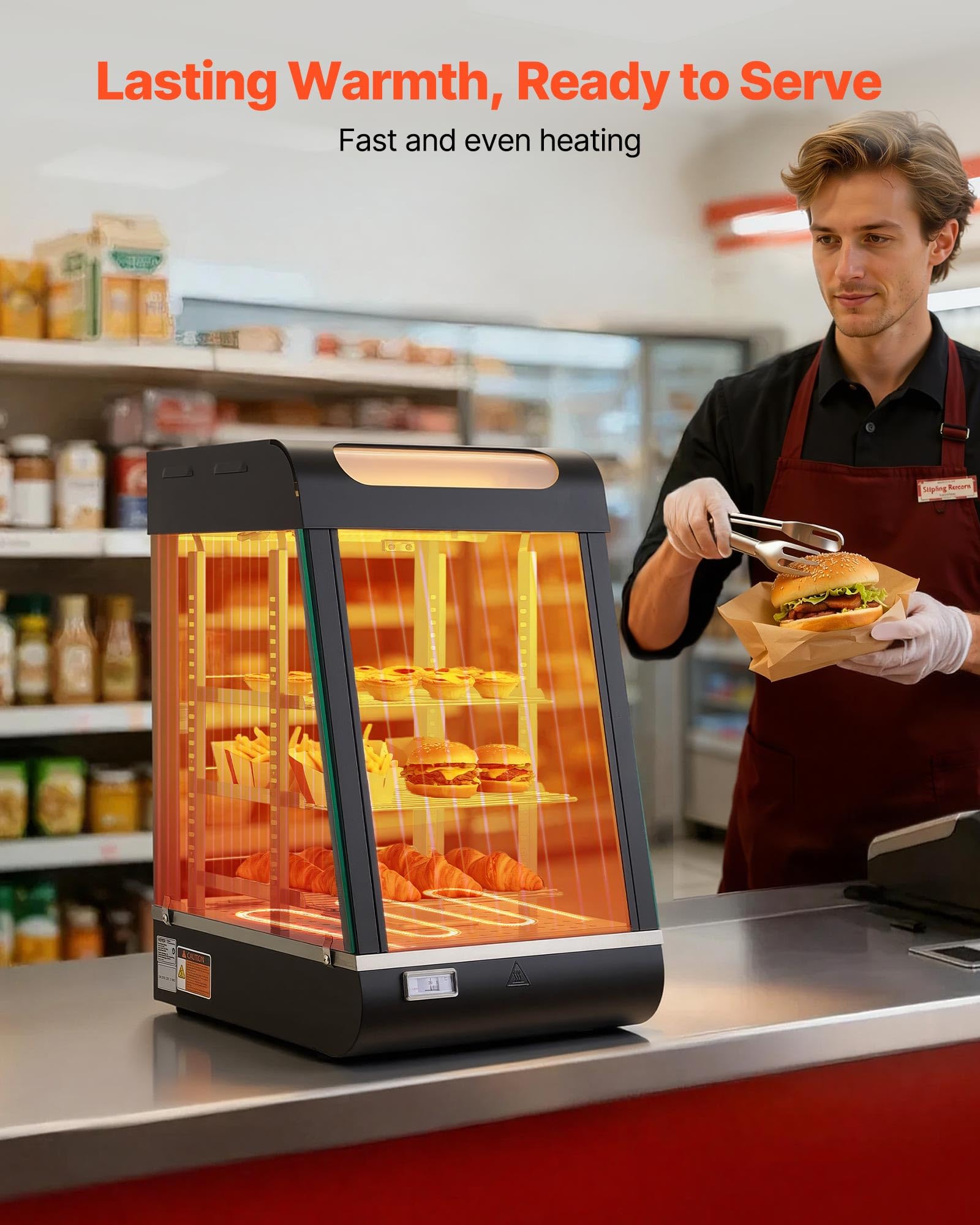 VEVOR Vitrina de Calor para Hostelería 3 Niveles 800 W, Expositor Calentador de Alimentos con 57 L Luz LED, Estantes Extraíbles, 30 °C a 85 °C, para Tapas, Hamburguesas, Pizzas, Pan, Pollo Frito