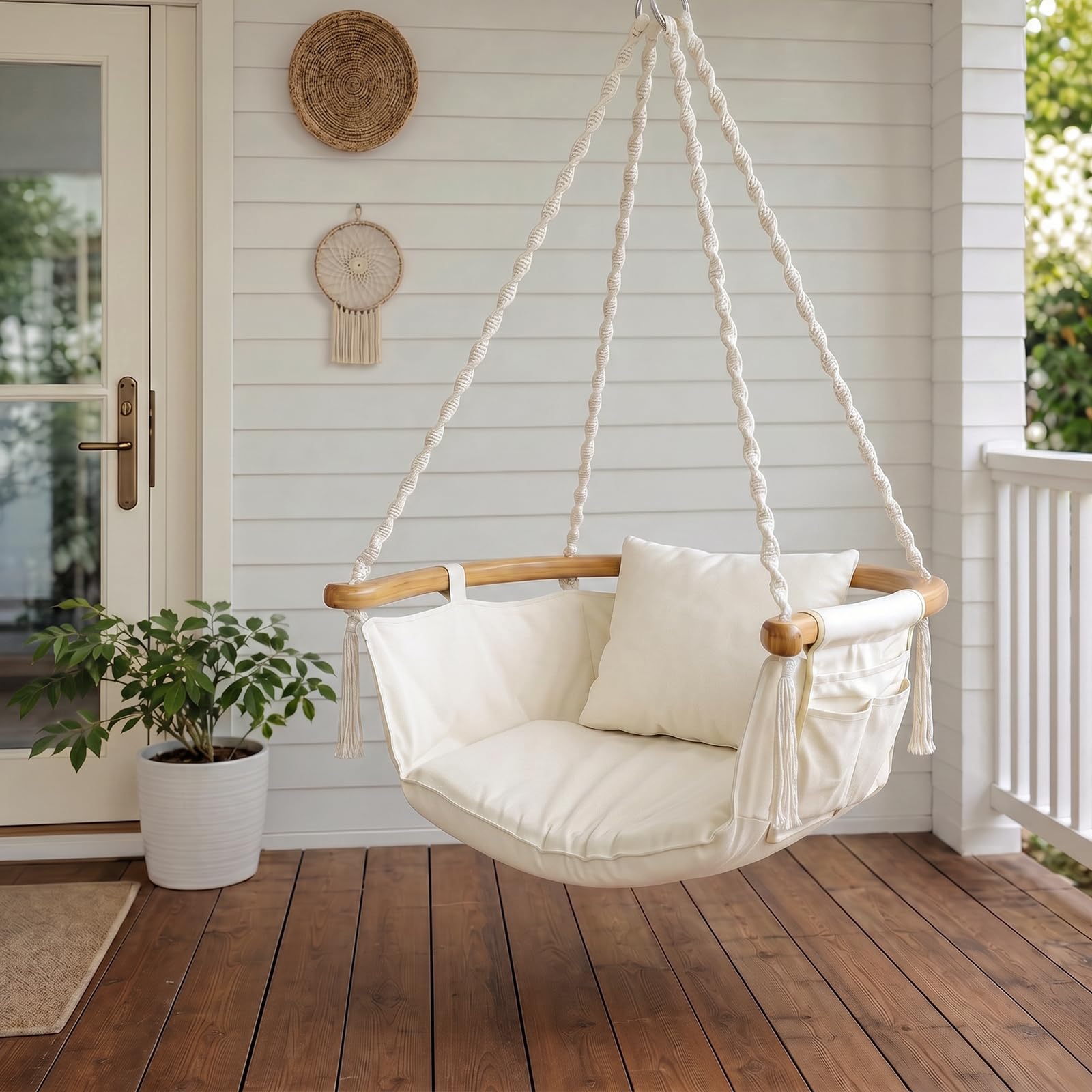 Sekey Hängesessel mit Flexibler Seitentasche & Kissen - Boho Hängestuhl bis 120 kg - Gebogener Bambusstab & Spiralseile - Hängeschaukel für Balkon, Garten & Indoor, Beige
