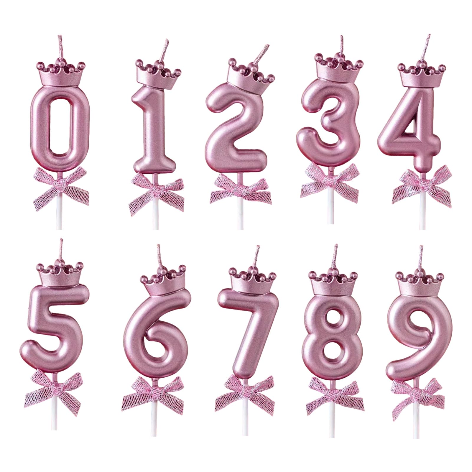 anwhriet Crown Number Birthday Candles, 0-9 Digit Cake Topper Candles with Bow, Gold/Silver/Rose Gold Number Candle for Birthday Anniversary Milestone Celebrations, Cake Decorations Rose Gold