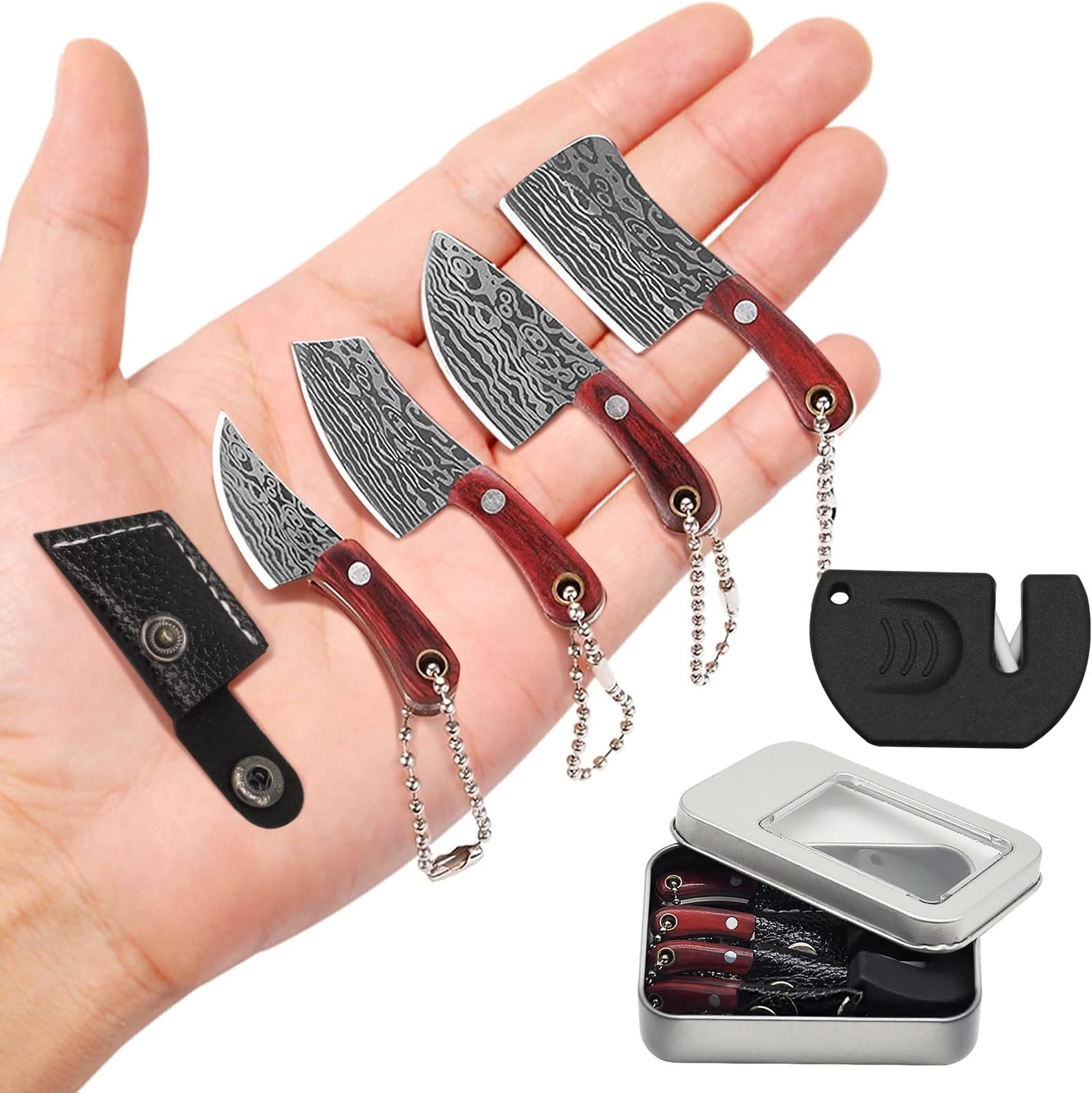 Mini Knife Set, Damascus Pocket Knife with Sharpener, Mini Chef EDC Knives, Tiny knife Cleaver Keychain Tiny Things for Package Opener, Box Cutter, Letter Opener - Set of 5