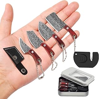 Mini Knife Set, Damascus Pocket Knife with Sharpener, Mini Chef EDC Knives, Tiny knife Cleaver Keychain Tiny Things for Package Opener, Box Cutter, Letter Opener - Set of 5