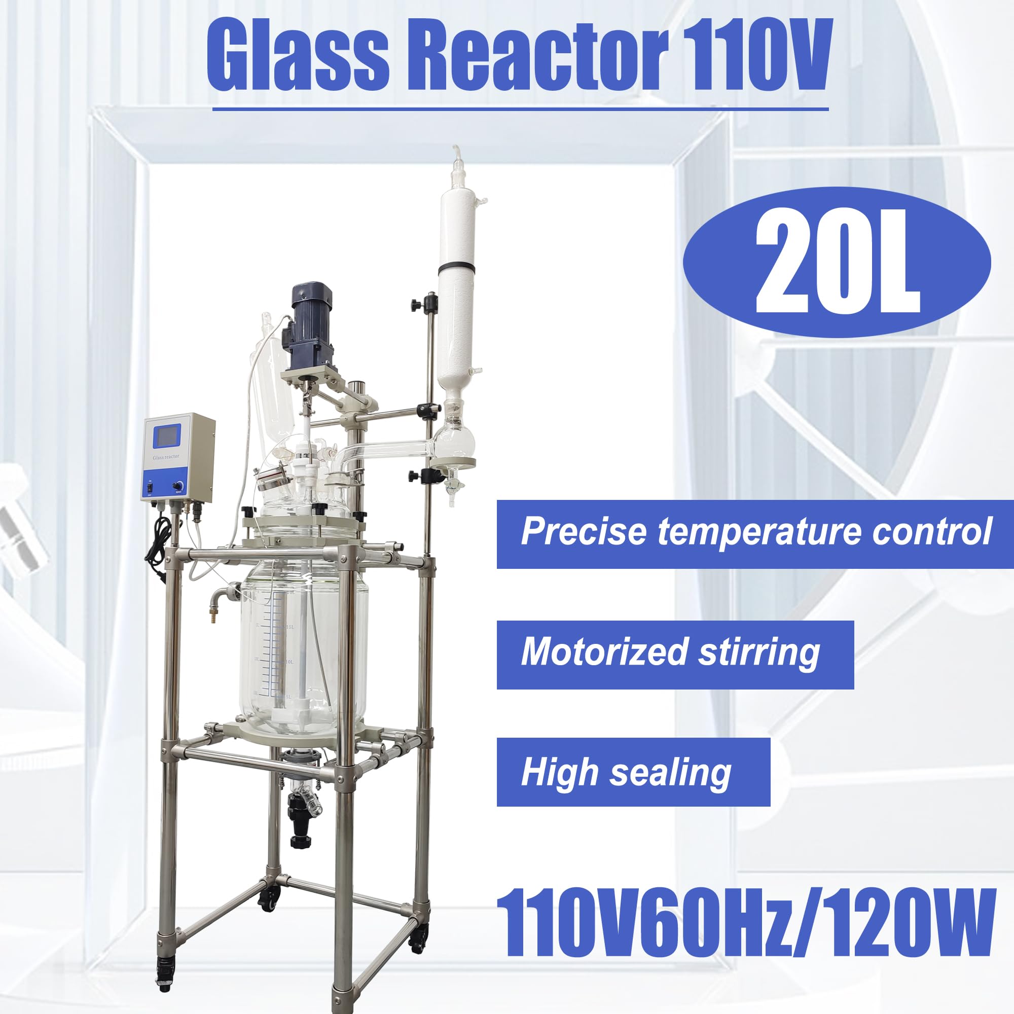 HQHAOTWU Glass Reactor Chemical Jacketed Glass Reactor Vessel Digital Display Vessel Device Double-Layer Glass Reactor with Support Frame Adjustable Speed for Lab Reaction Distillation 20L 110V