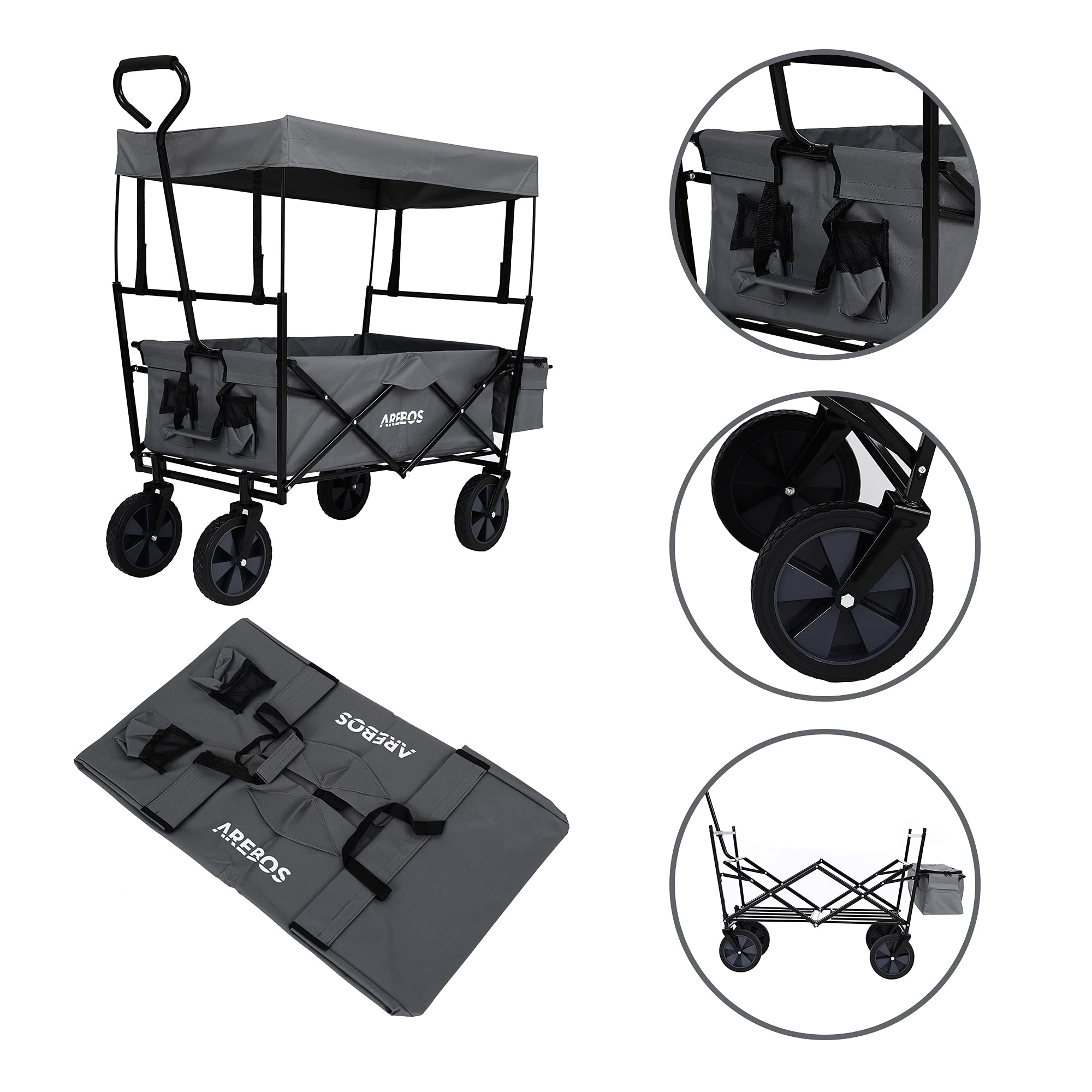 Arebos Bollerwagen faltbar mit Dach | Handwagen | Transportwagen | Faltwagen | Gerätewagen inkl. 2 Netztaschen und Einer Außentasche | faltbar | bis 70 kg Tragkraft | 360° Vollgummireifen | Grau