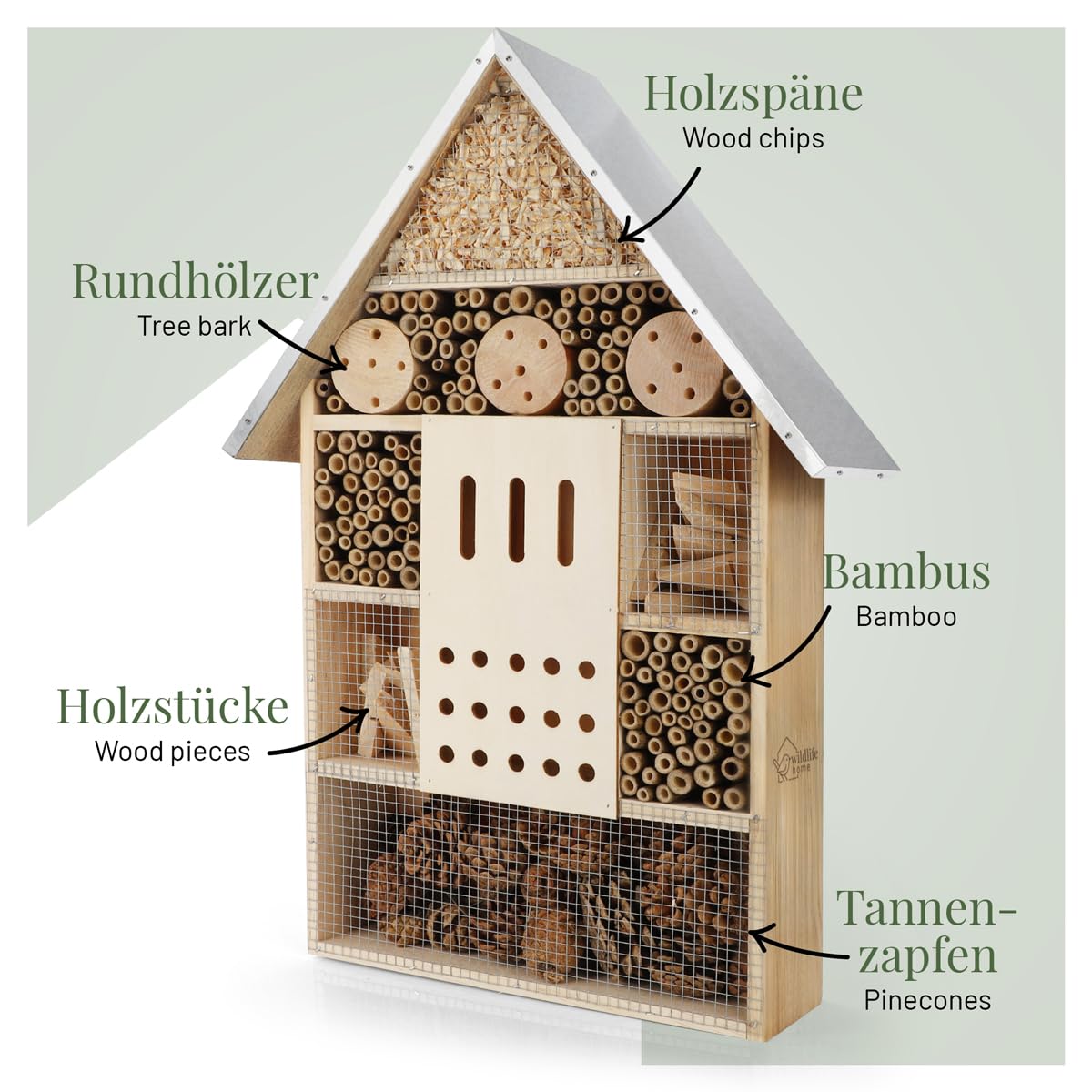 WILDLIFE HOME Insektenhotel XXL Stehend Bienenhotel mit Standfuß 79 cm & Metalldach I Groß Wildbienenhotel, Insektenhaus für Bienen, Marienkäfer & Schmetterlinge, fertiges Insektenhotel kein Bausatz