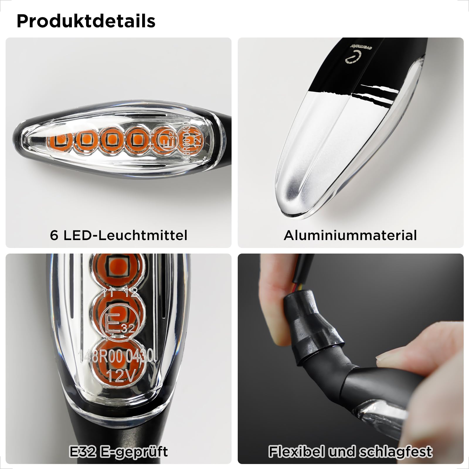 evermotor 4 Stück LED Motorrad Blinker,12V, E32, Aluminiumschale, IP67 Wasserdicht Blinkerlicht, 350mm Kabel, für Motorrad, Scooter