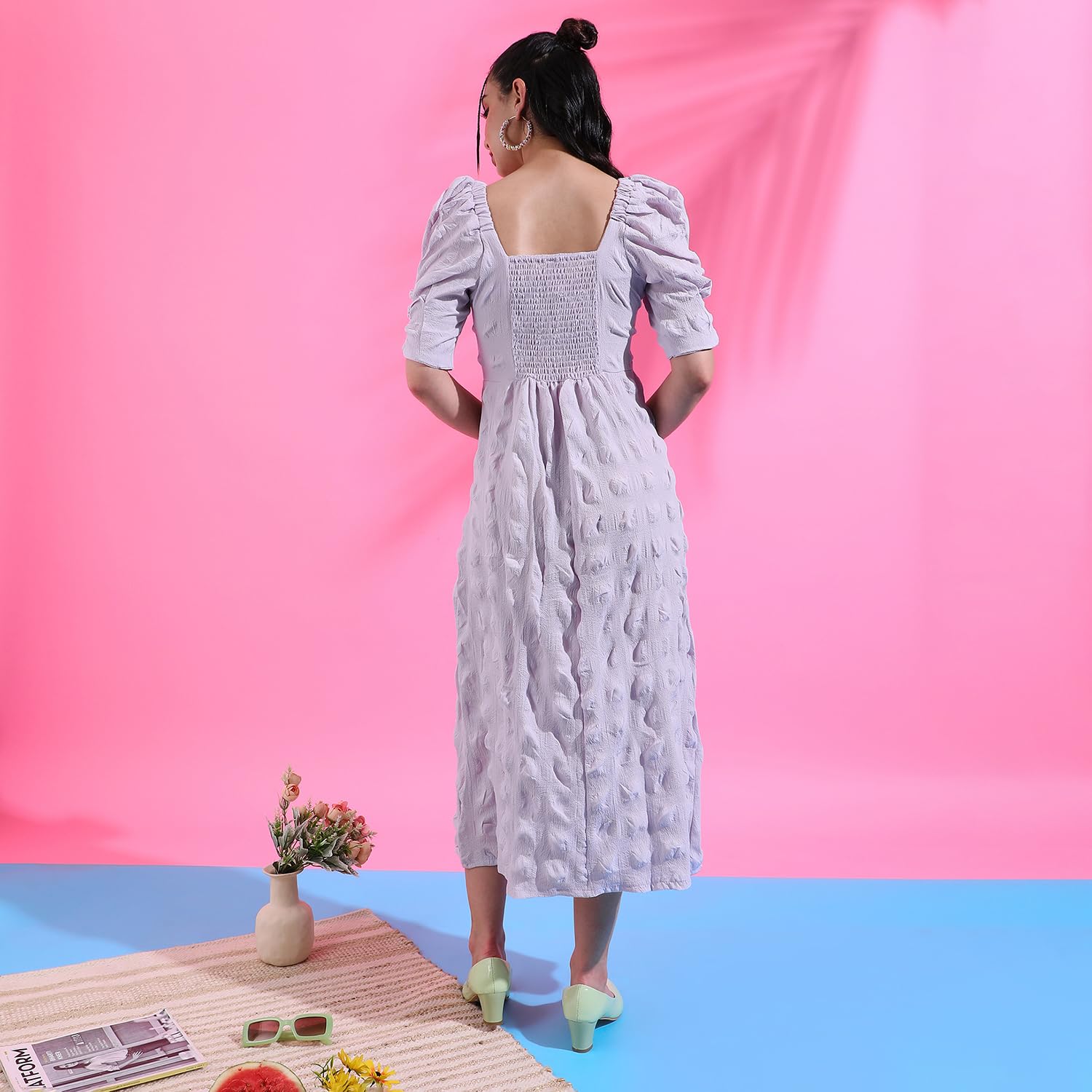 Campus Sutra Women's Solid Lilac Dress With Slit Detail For Casual Wear | Short Sleeve | Polyester Midi Length Dress Crafted With Comfort Fit And High Performance For Everyday Wear