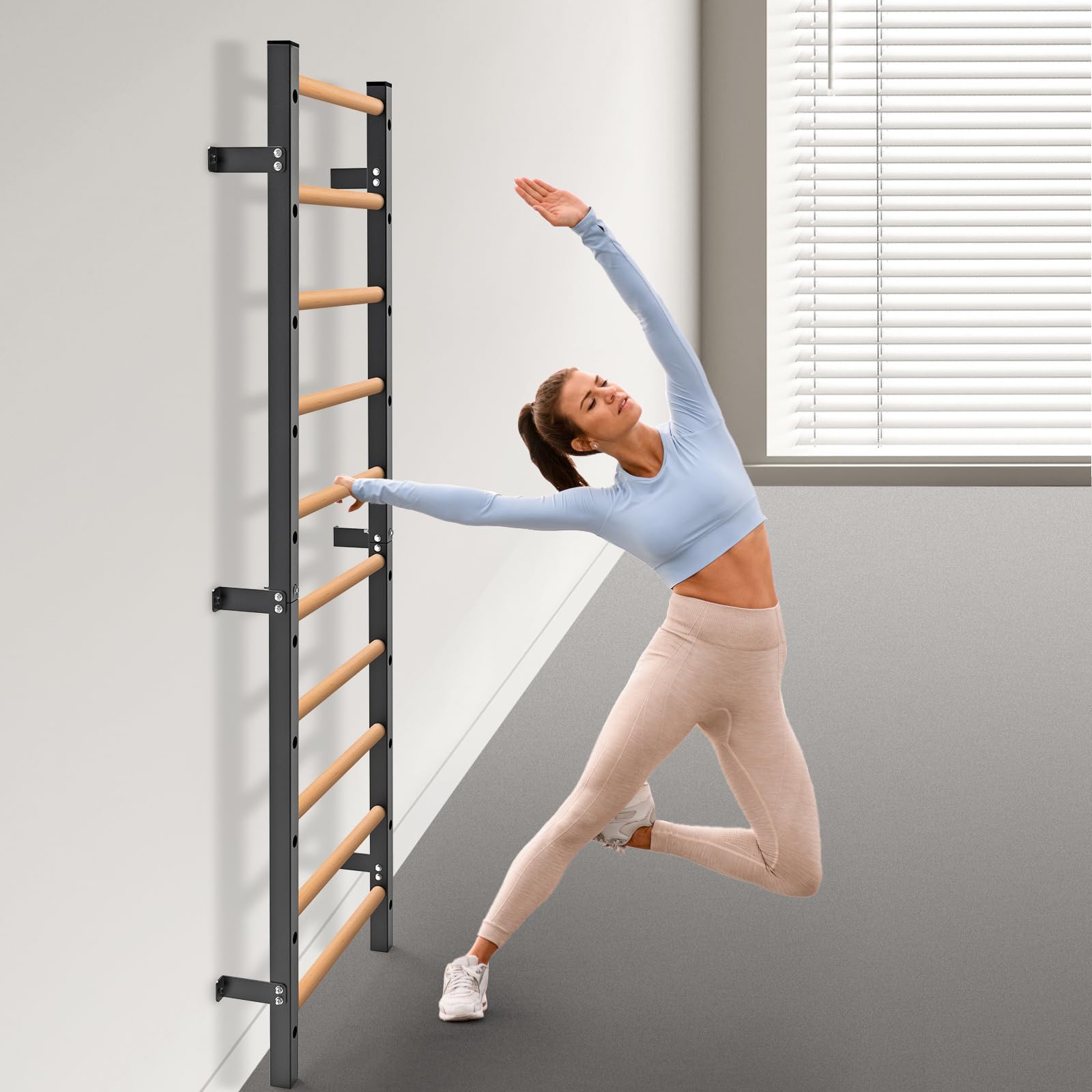 Barra de madera, escalera sueca con barra de dominadas, entrenador de suspensión montado en la pared para el hogar, gimnasio, escuela y clínica