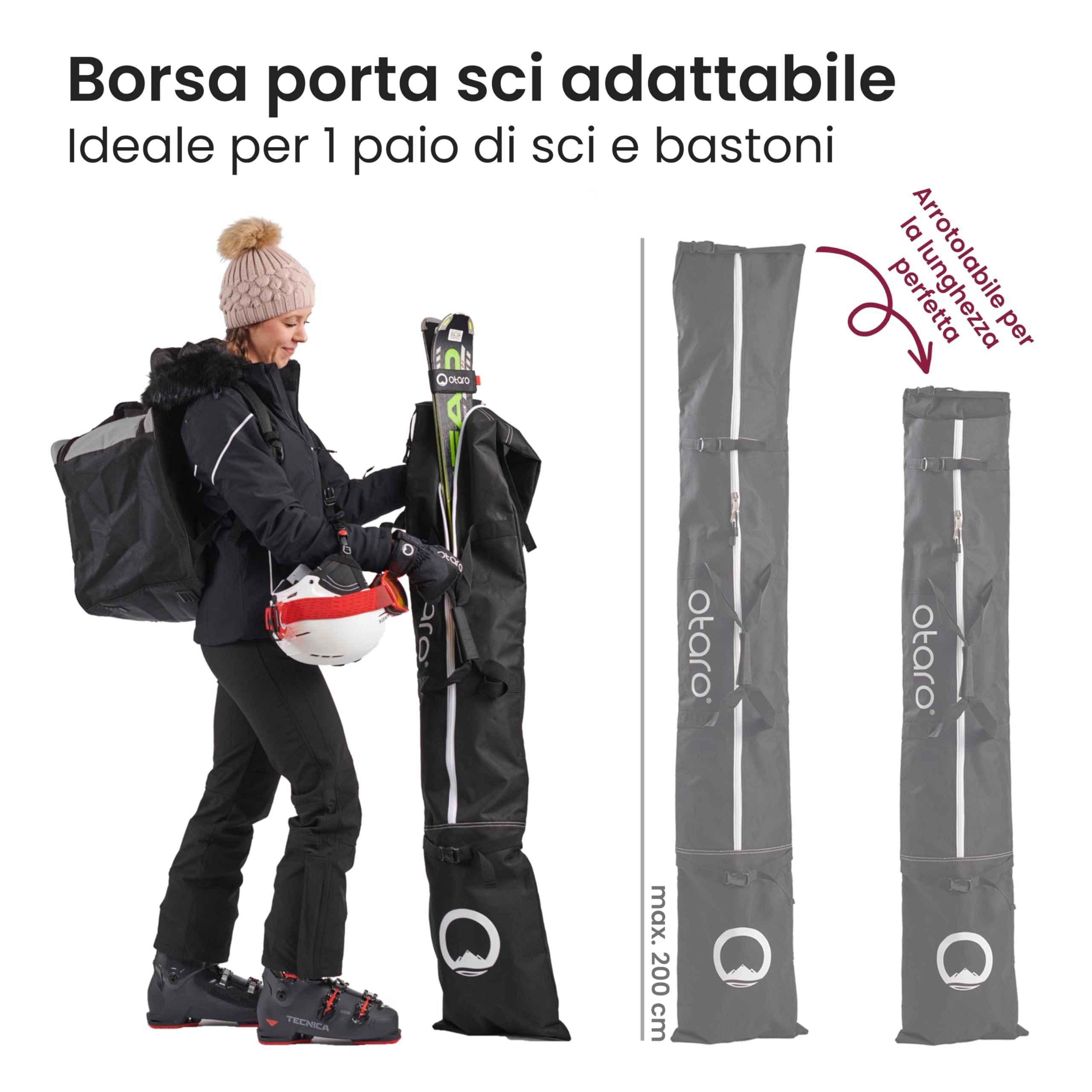 Otaro Sacca Sci Premium - Borsa per Sci e Bastoncini Con Tracolla Removibile (Disponibile Anche per 2 Paia)